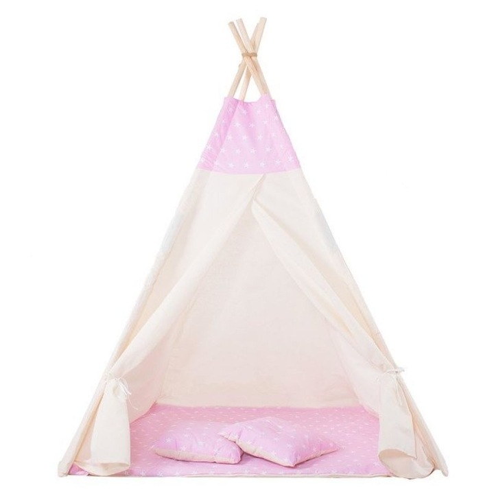 Cort copii stil indian Teepee Tent Kidizi Pink Stars, include covoras gros, 2 perne si stabilizator