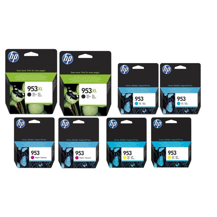 Pachet cartuse cerneala L0S70AE (953XL) negru x 2 F6U12AE (953) cyan x 2 F6U13AE (953) magenta x 2 F6U14AE (953) galben x 2 HP original 145ml 8200 pagini