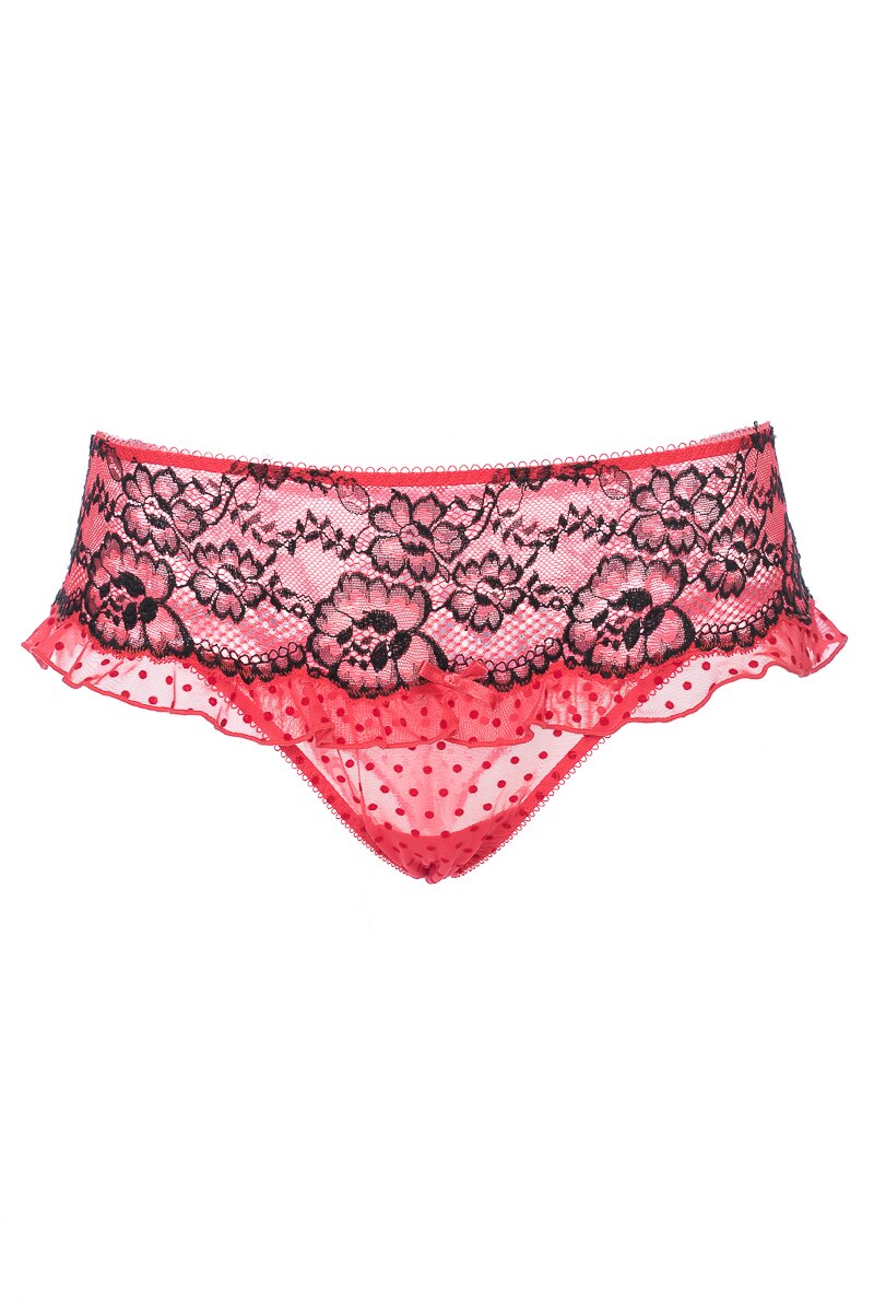 Chiloti brazilieni din dantela, triplu voal si catifea, Sarah Borghi-Intimamoda Emerald 6667, Rosu/Negru