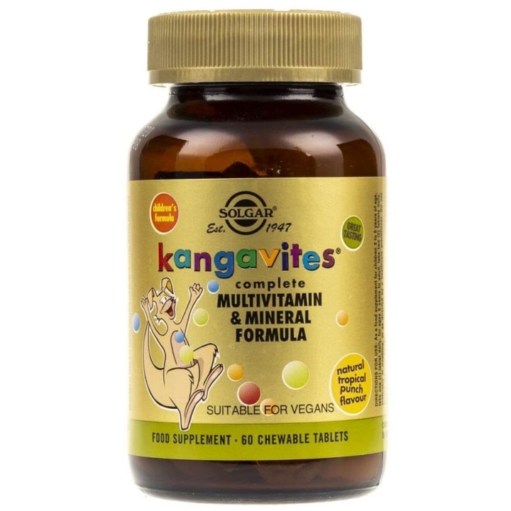 Хранителна добавка Витамини Solgar Kangavites за деца (тропически вкус) - 60 таблетки
