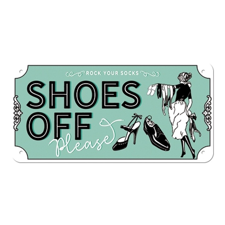 Placa metalica cu snur - Shoes Off - 10x20 cm