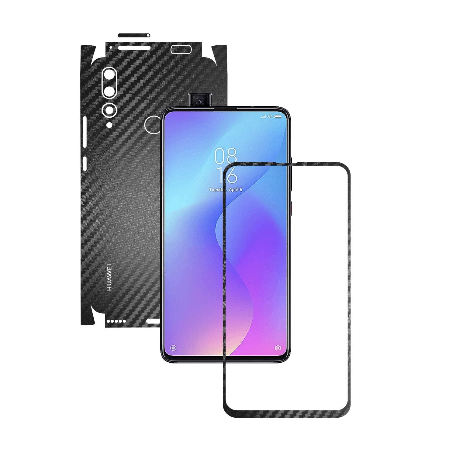 Folie Protectie Carbon Skinz pentru Huawei Y9 Prime - Carbon Negru 360 Cut, Skin Adeziv Full Body Cover pentru Rama Ecran, Carcasa Spate si Laterale