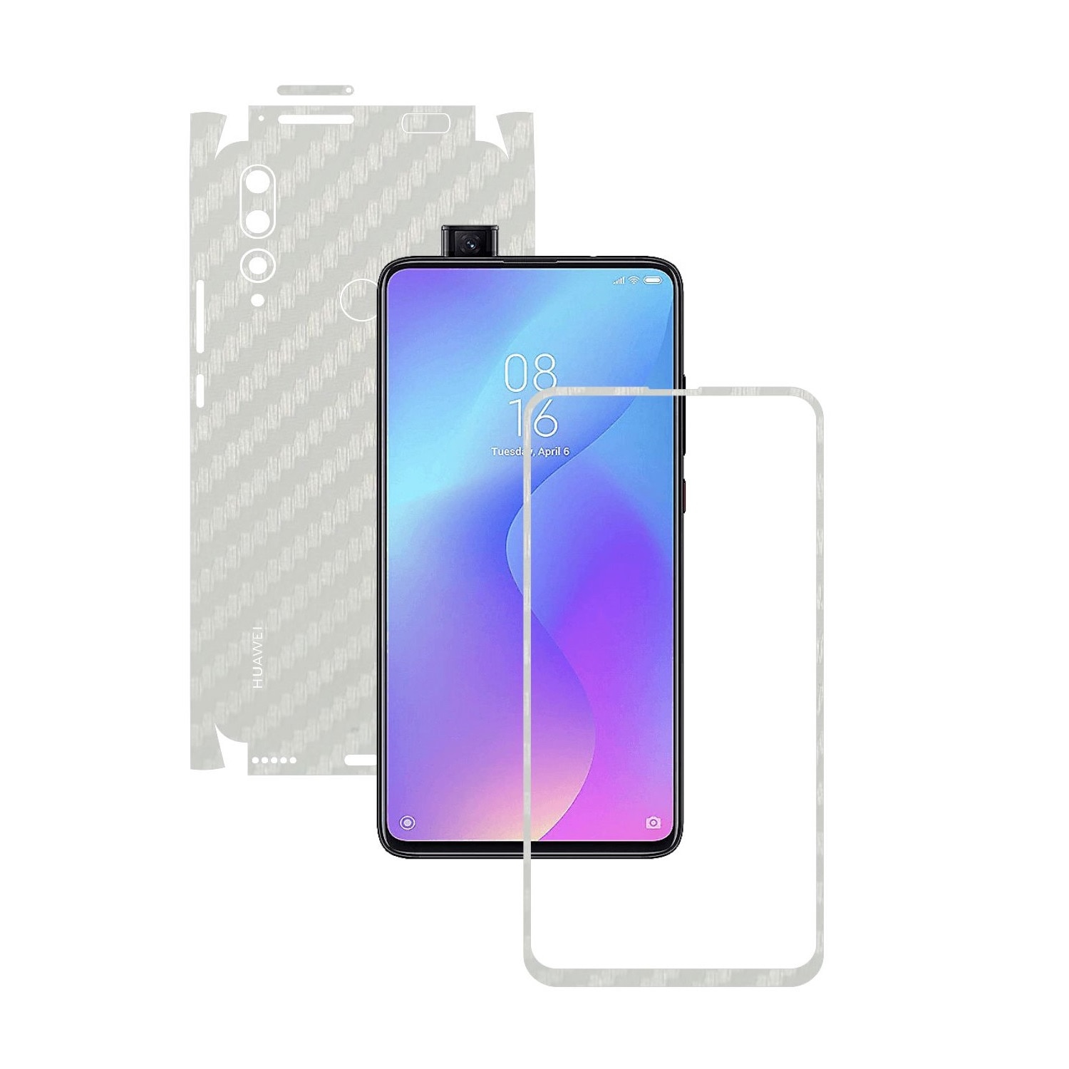 Folie Protectie Carbon Skinz pentru Huawei Y9 Prime - Carbon Alb 360 Cut, Skin Adeziv Full Body Cover pentru Rama Ecran, Carcasa Spate si Laterale