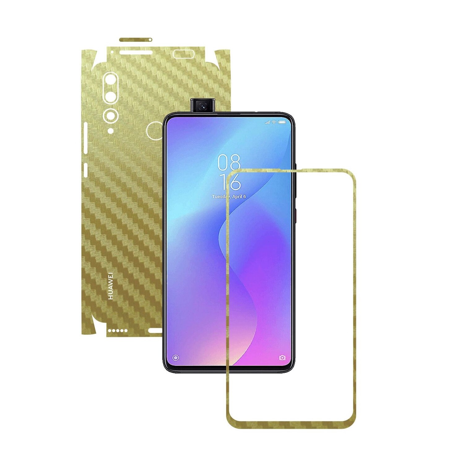 Folie Protectie Carbon Skinz pentru Huawei Y9 Prime - Carbon Auriu 360 Cut, Skin Adeziv Full Body Cover pentru Rama Ecran, Carcasa Spate si Laterale