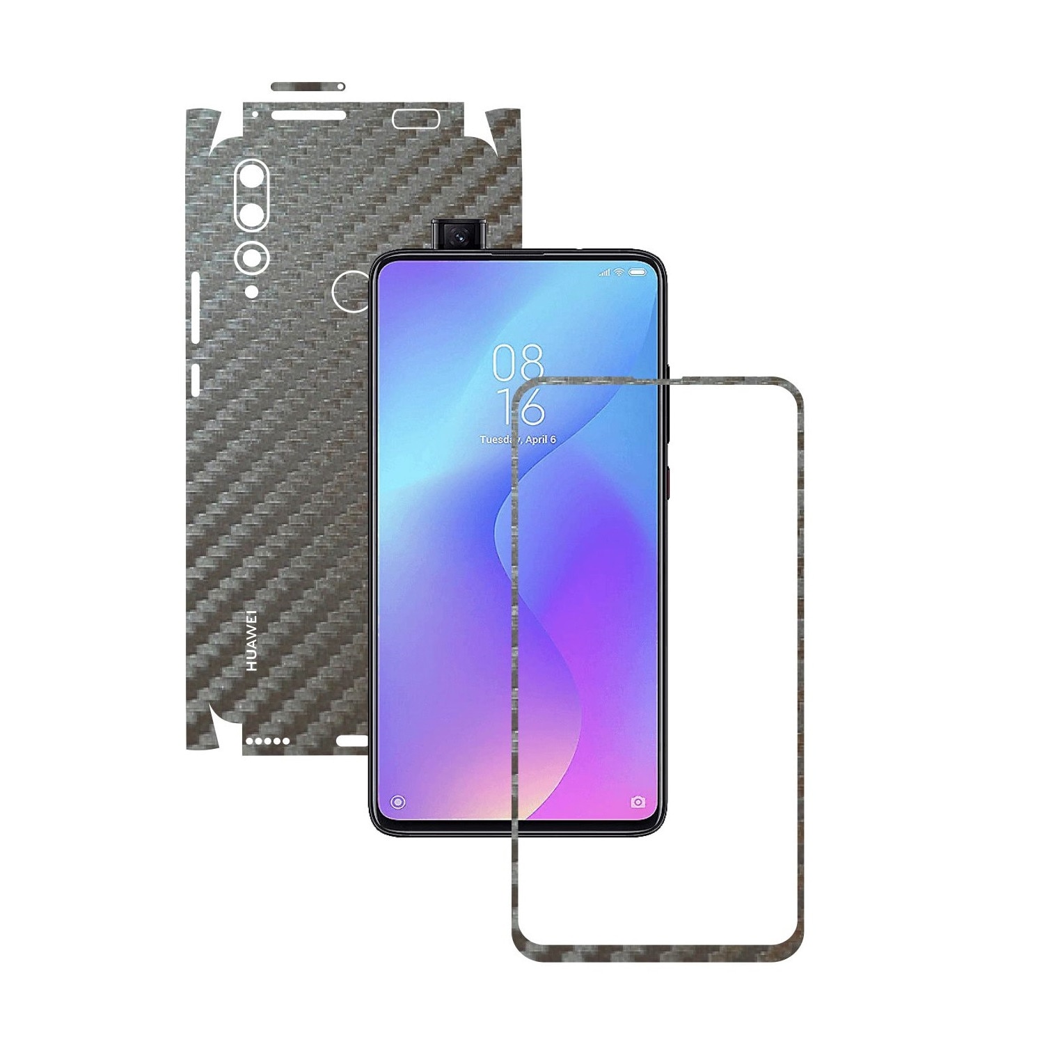 Folie Protectie Carbon Skinz pentru Huawei Y9 Prime - Carbon Gri Argintiu 360 Cut, Skin Adeziv Full Body Cover pentru Rama Ecran, Carcasa Spate si Laterale