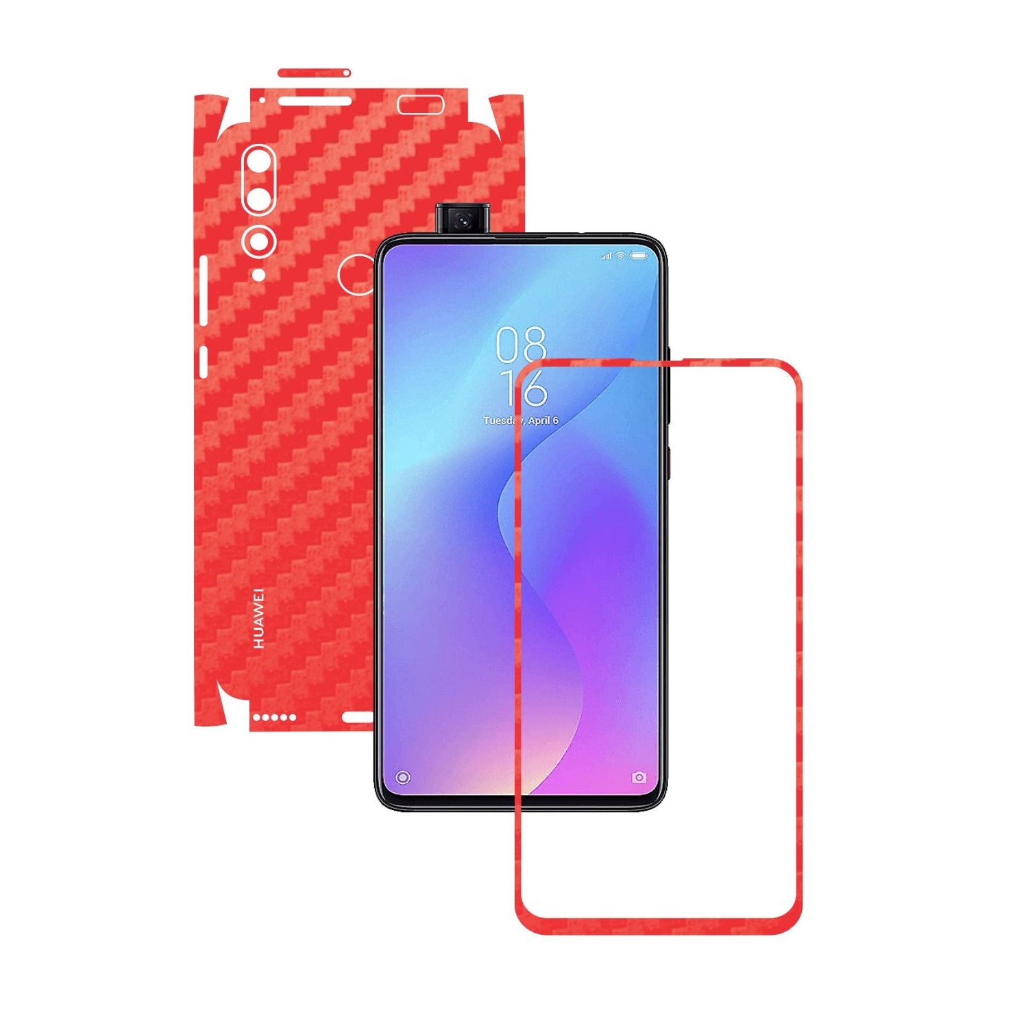 Folie Protectie Carbon Skinz pentru Huawei Y9 Prime - Carbon Rosu 360 Cut, Skin Adeziv Full Body Cover pentru Rama Ecran, Carcasa Spate si Laterale