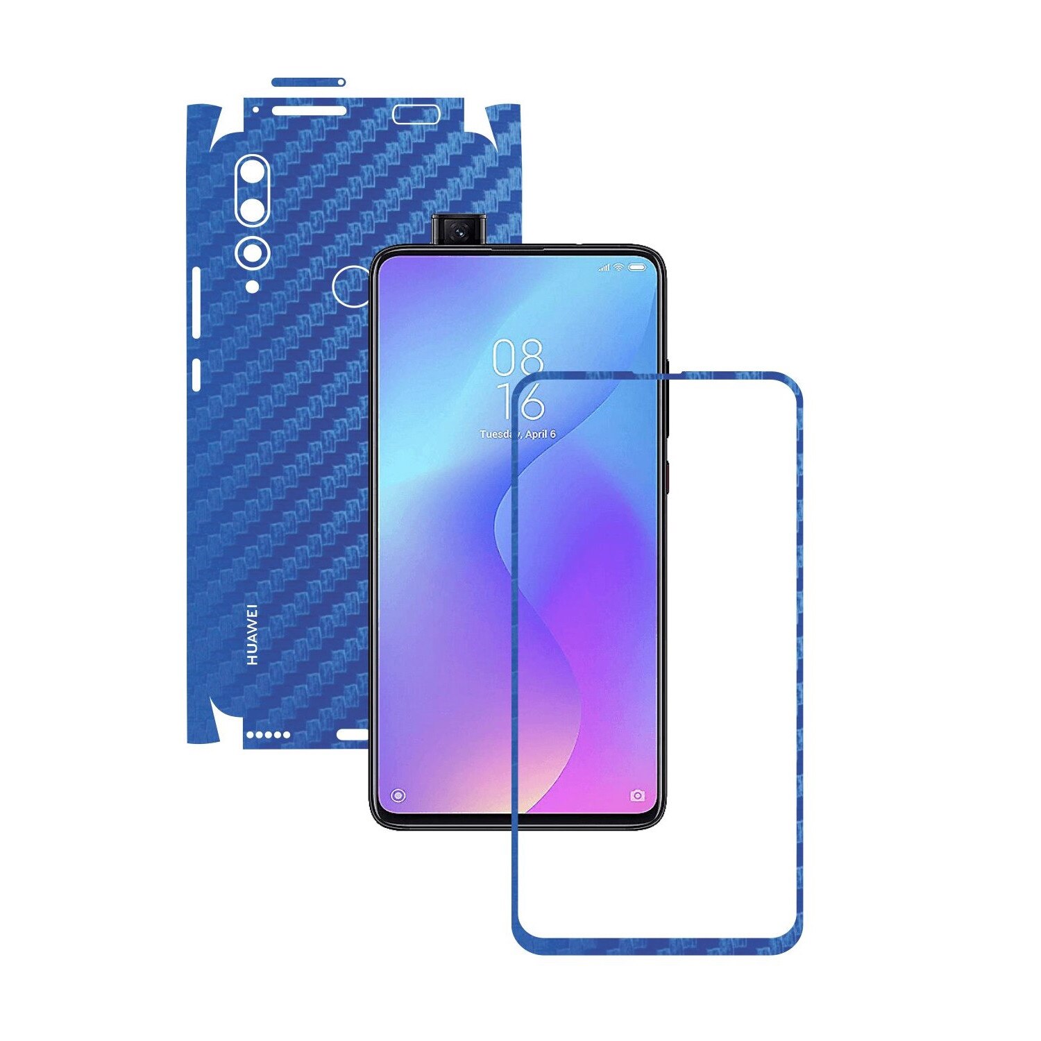 Folie Protectie Carbon Skinz pentru Huawei Y9 Prime - Carbon Albastru 360 Cut, Skin Adeziv Full Body Cover pentru Rama Ecran, Carcasa Spate si Laterale