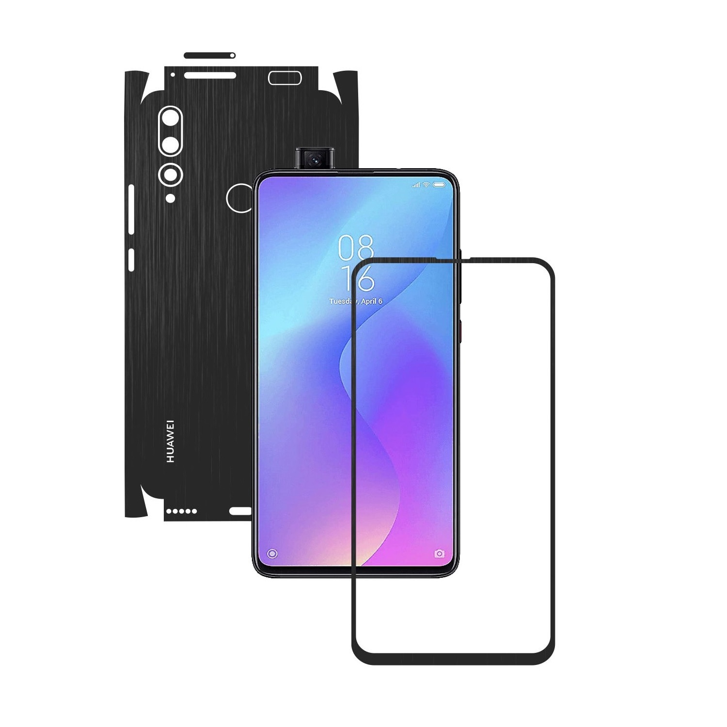 Folie Protectie Carbon Skinz pentru Huawei Y9 Prime - Brushed Negru 360 Cut, Skin Adeziv Full Body Cover pentru Rama Ecran, Carcasa Spate si Laterale