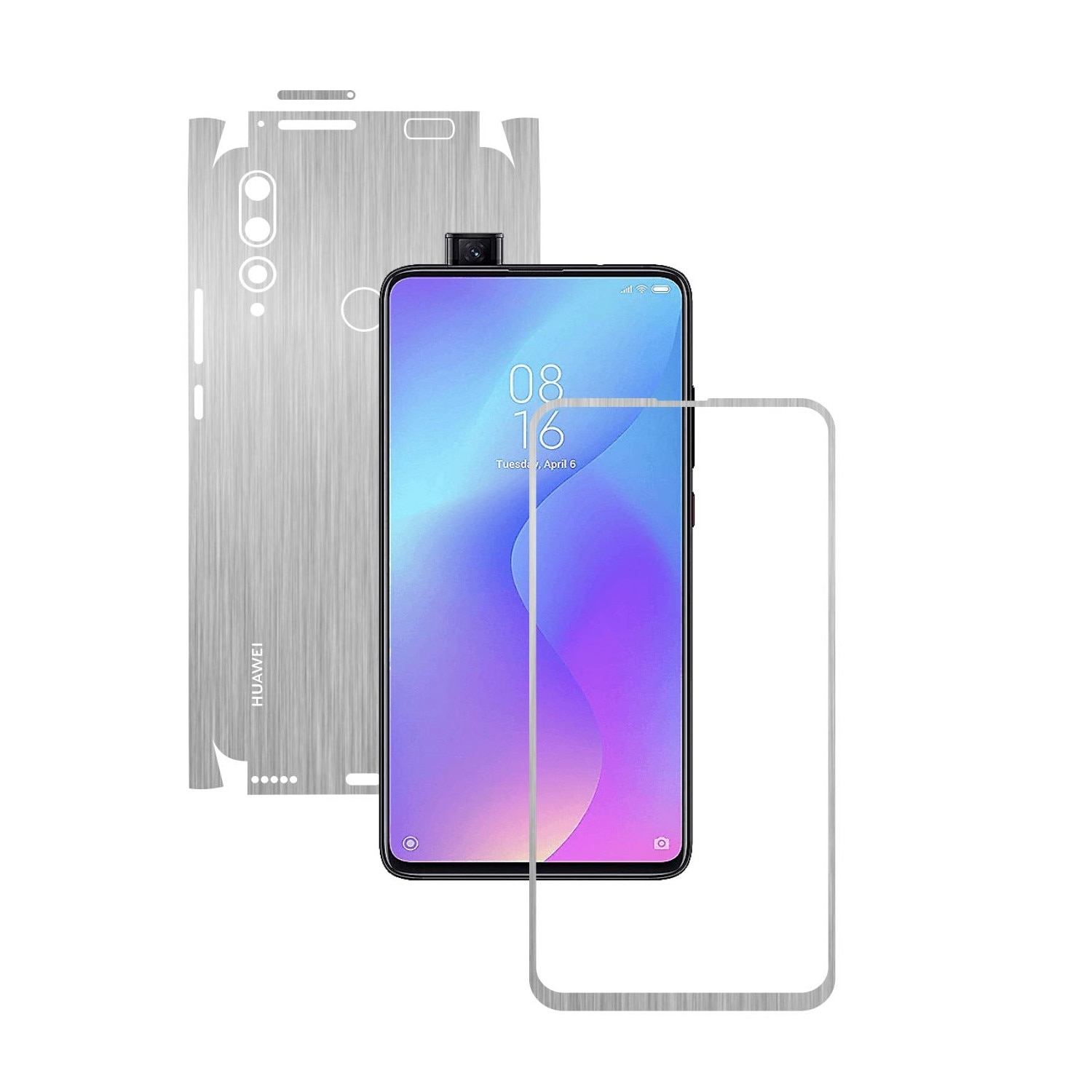 Folie Protectie Carbon Skinz pentru Huawei Y9 Prime - Brushed Argintiu 360 Cut, Skin Adeziv Full Body Cover pentru Rama Ecran, Carcasa Spate si Laterale