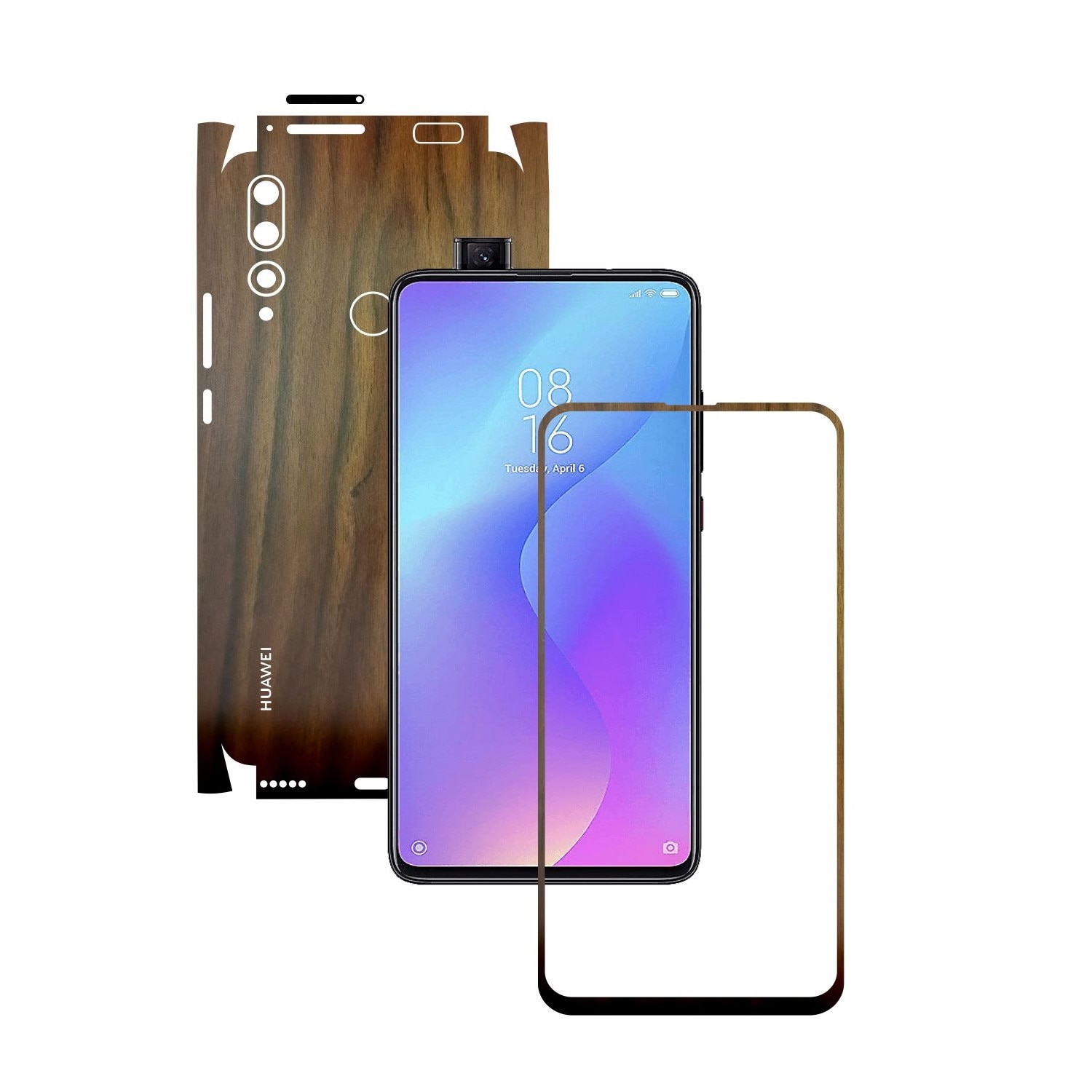 Folie Protectie Carbon Skinz pentru Huawei Y9 Prime - Lemn Nuc 360 Cut, Skin Adeziv Full Body Cover pentru Rama Ecran, Carcasa Spate si Laterale