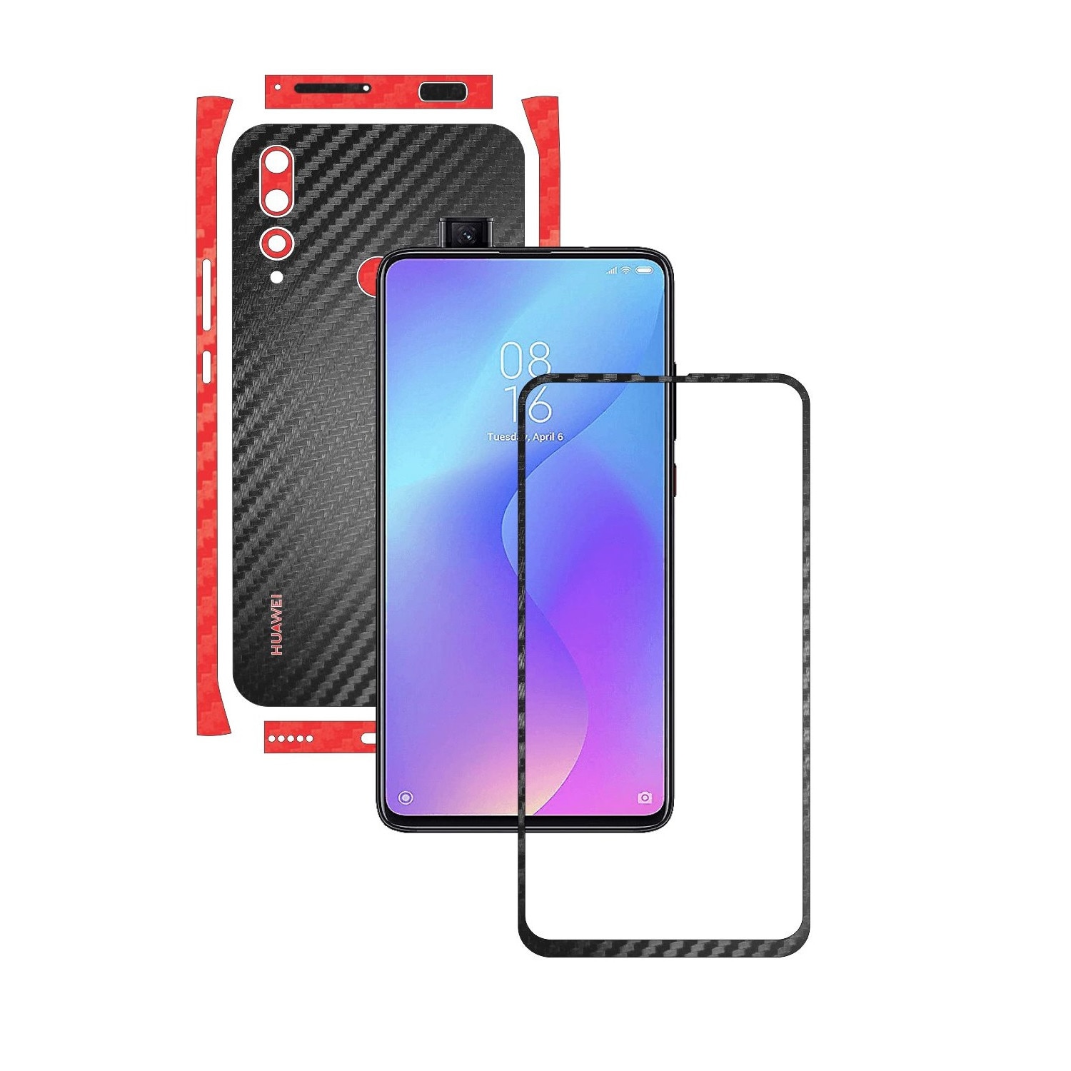 Folie Protectie Carbon Skinz pentru Huawei Y9 Prime - Carbon Two Tone Negru / Rosu, Skin Adeziv Full Body Cover pentru Rama Ecran, Carcasa Spate si Laterale