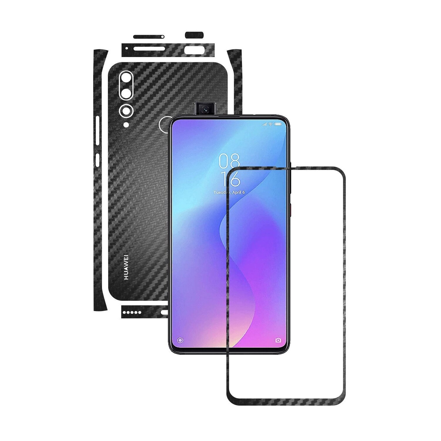Folie Protectie Carbon Skinz pentru Huawei Y9 Prime - Carbon Negru Split Cut, Skin Adeziv Full Body Cover pentru Rama Ecran, Carcasa Spate si Laterale
