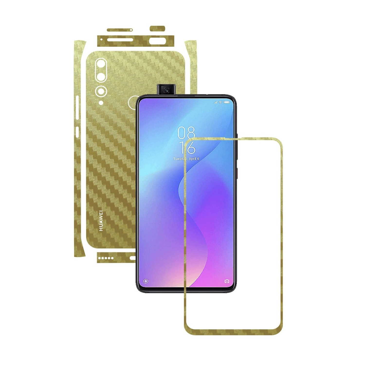 Folie Protectie Carbon Skinz pentru Huawei Y9 Prime - Carbon Auriu Split Cut, Skin Adeziv Full Body Cover pentru Rama Ecran, Carcasa Spate si Laterale