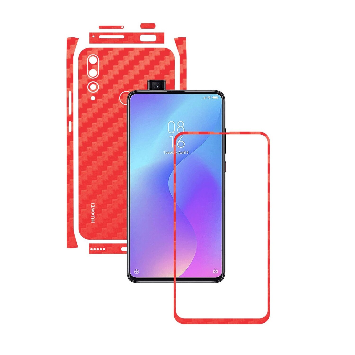 Folie Protectie Carbon Skinz pentru Huawei Y9 Prime - Carbon Rosu Split Cut, Skin Adeziv Full Body Cover pentru Rama Ecran, Carcasa Spate si Laterale