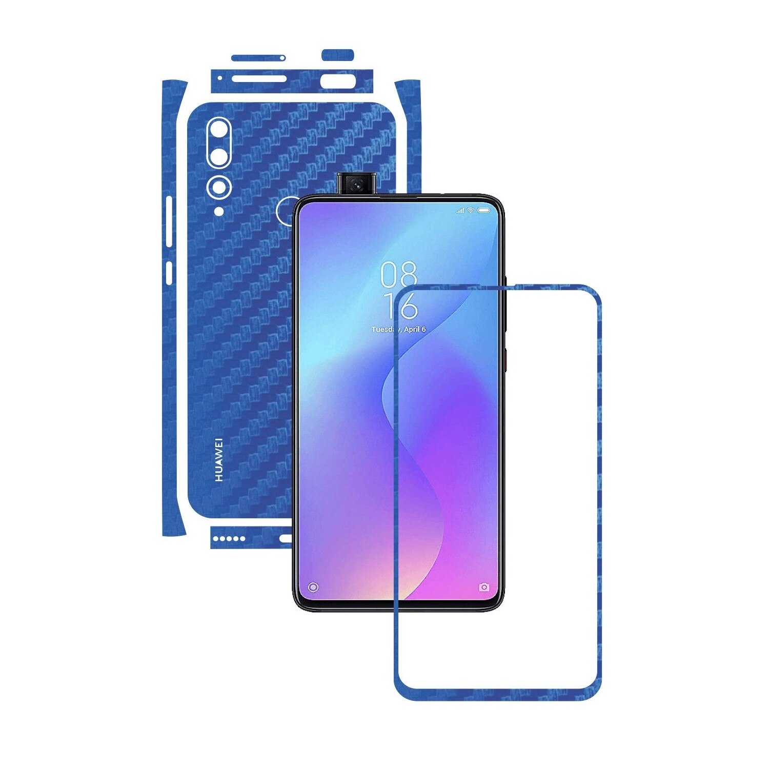 Folie Protectie Carbon Skinz pentru Huawei Y9 Prime - Carbon Albastru Split Cut, Skin Adeziv Full Body Cover pentru Rama Ecran, Carcasa Spate si Laterale