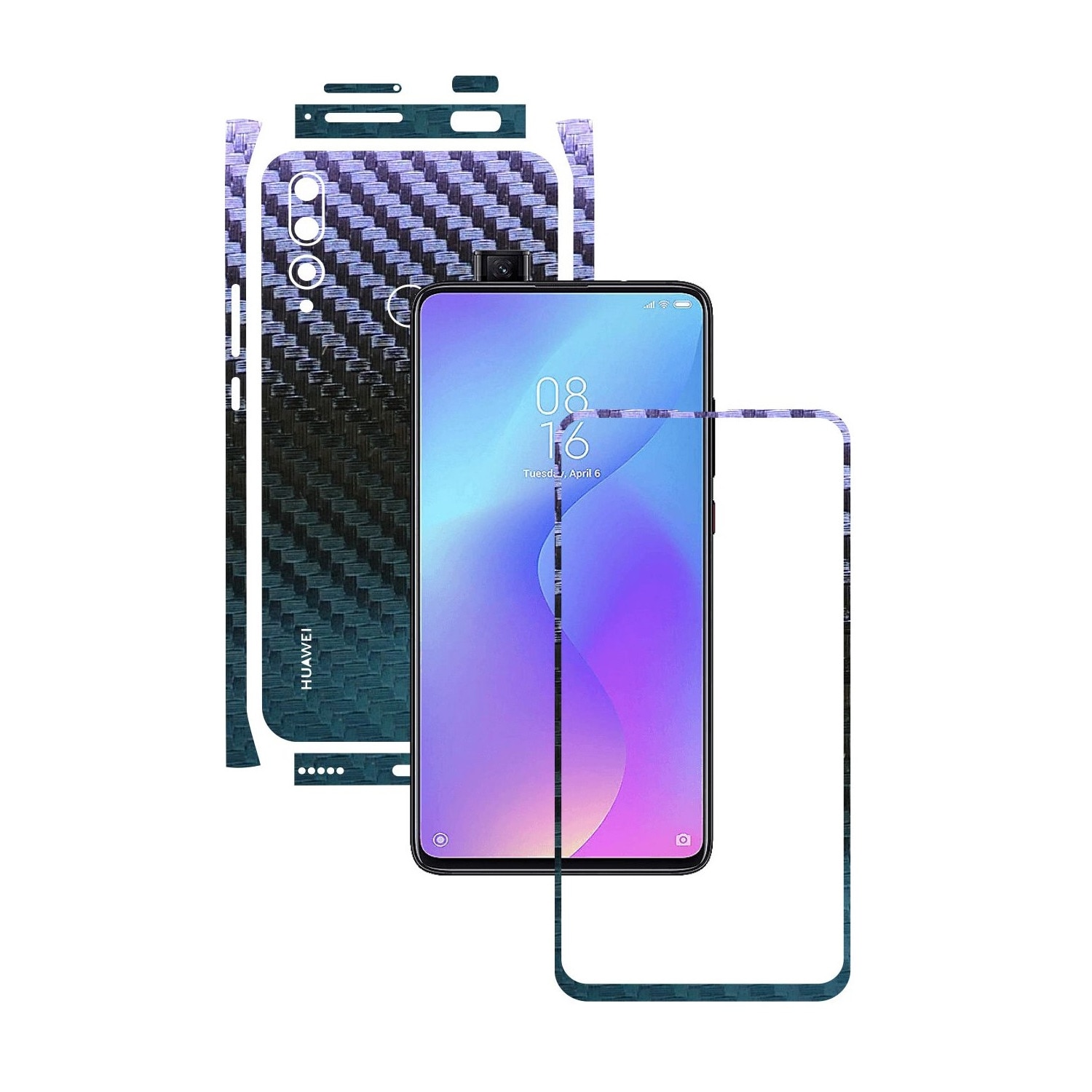 Folie Protectie Carbon Skinz pentru Huawei Y9 Prime - Carbon Cameleon Split Cut, Skin Adeziv Full Body Cover pentru Rama Ecran, Carcasa Spate si Laterale
