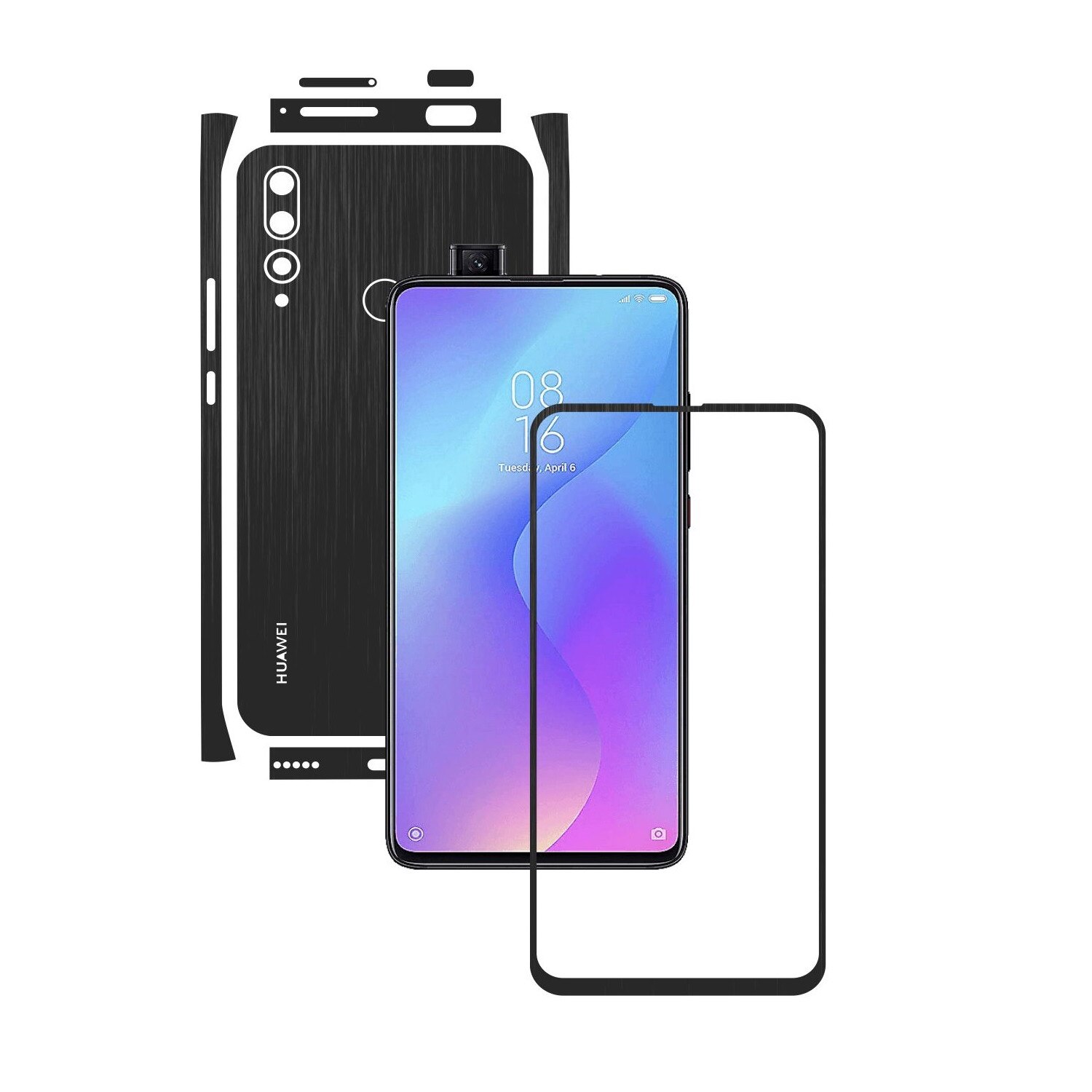 Folie Protectie Carbon Skinz pentru Huawei Y9 Prime - Brushed Negru Split Cut, Skin Adeziv Full Body Cover pentru Rama Ecran, Carcasa Spate si Laterale