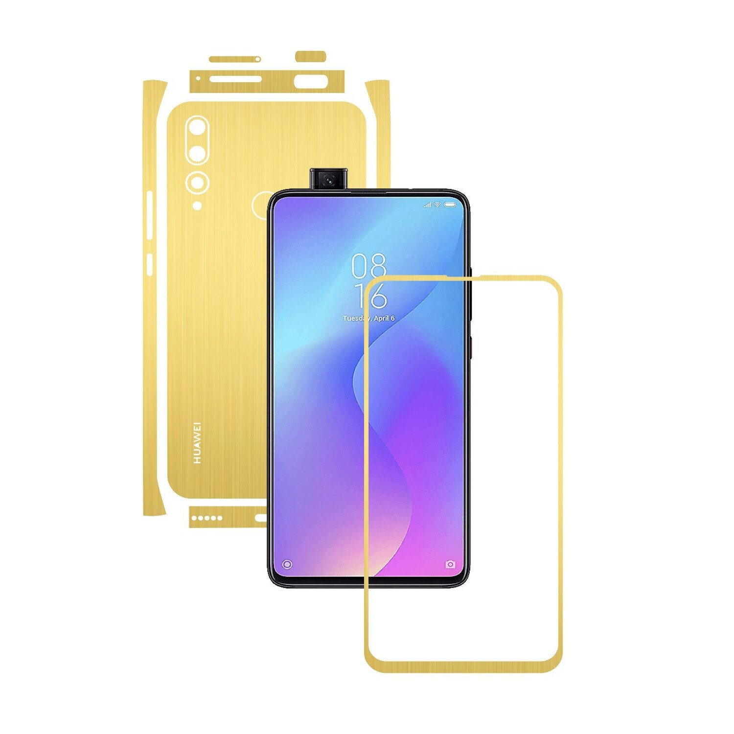 Folie Protectie Carbon Skinz pentru Huawei Y9 Prime - Brushed Auriu Split Cut, Skin Adeziv Full Body Cover pentru Rama Ecran, Carcasa Spate si Laterale