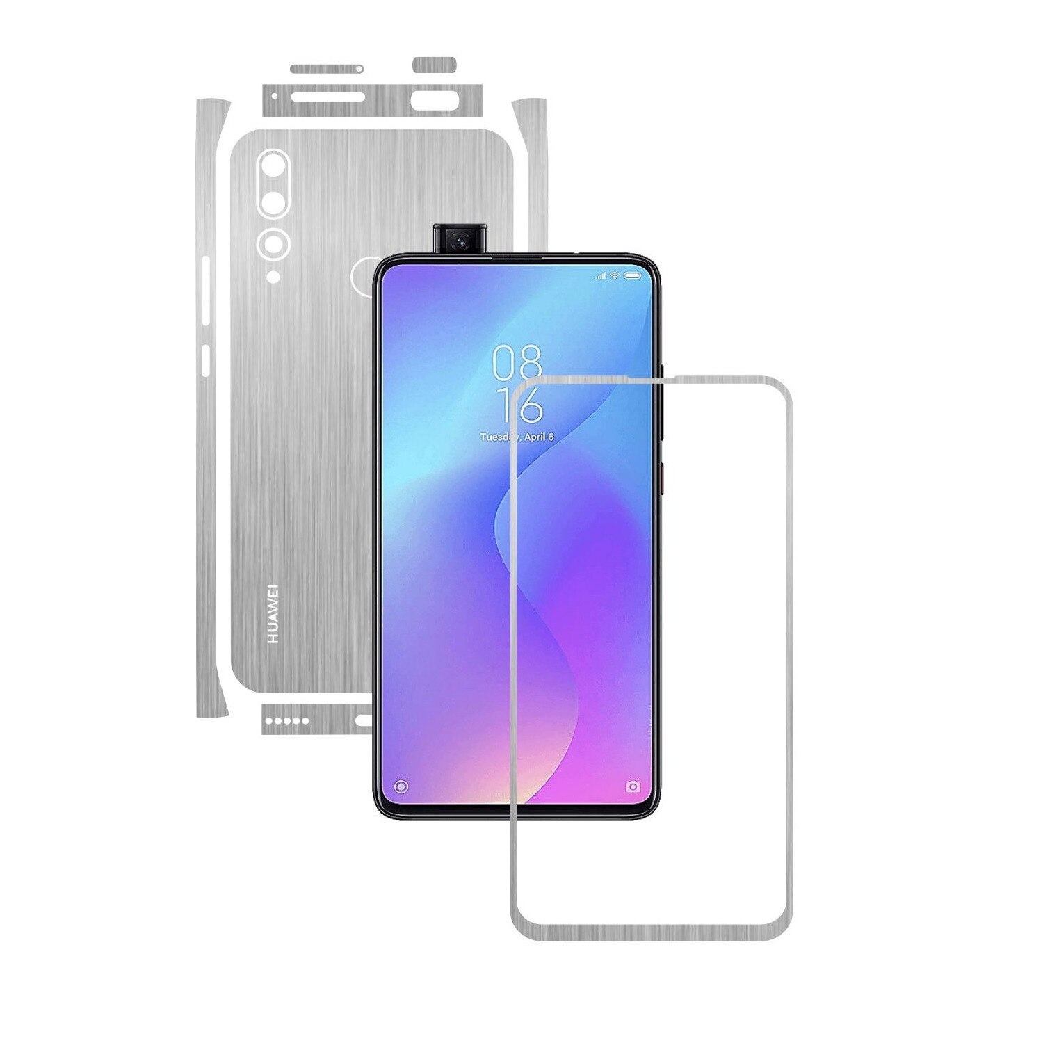 Folie Protectie Carbon Skinz pentru Huawei Y9 Prime - Brushed Argintiu Split Cut, Skin Adeziv Full Body Cover pentru Rama Ecran, Carcasa Spate si Laterale