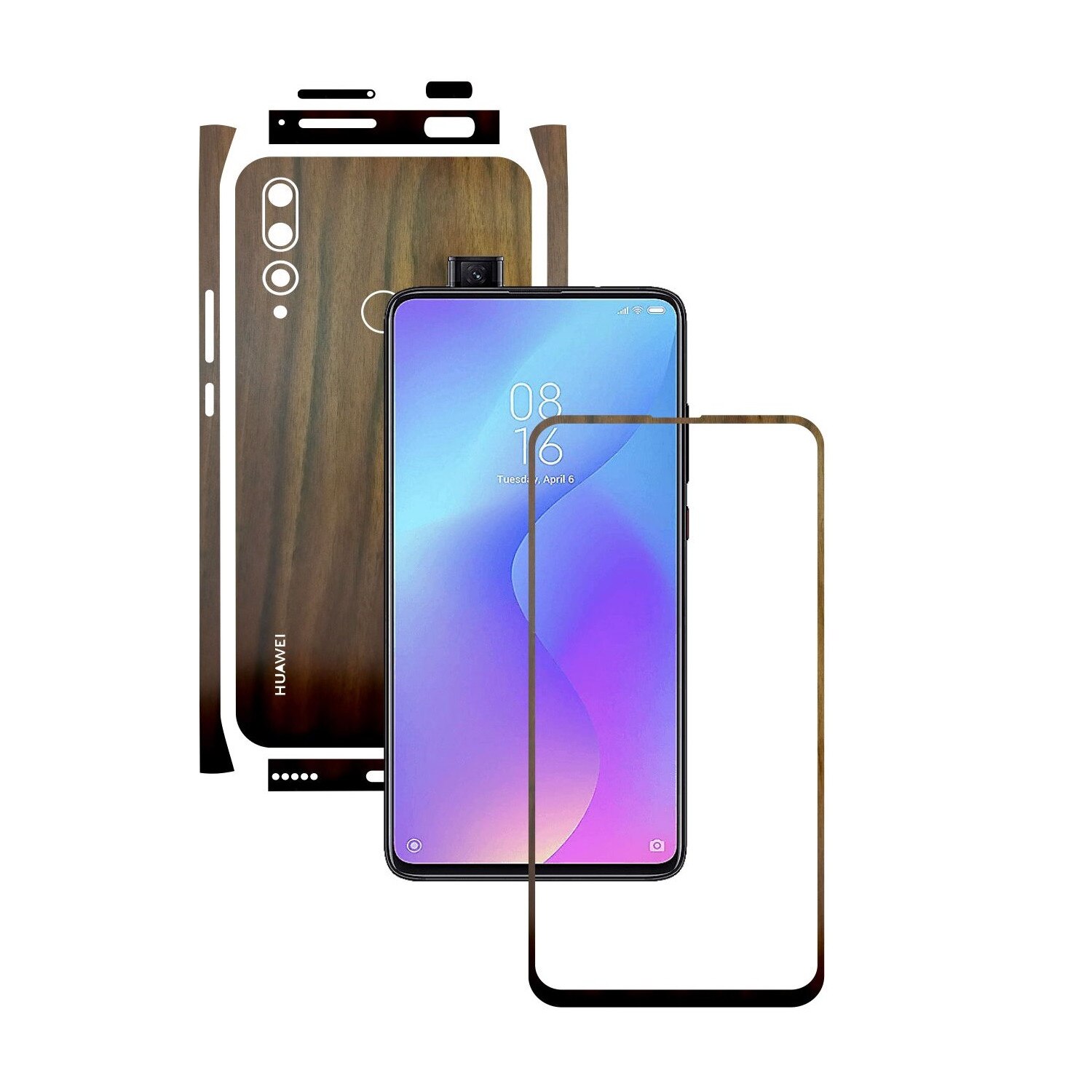 Folie Protectie Carbon Skinz pentru Huawei Y9 Prime - Lemn Nuc Split Cut, Skin Adeziv Full Body Cover pentru Rama Ecran, Carcasa Spate si Laterale