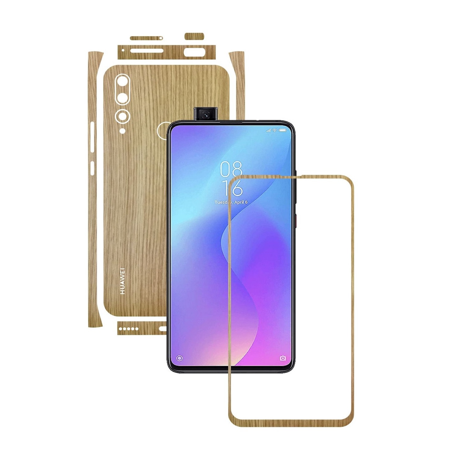 Folie Protectie Carbon Skinz pentru Huawei Y9 Prime - Lemn Stejar Split Cut, Skin Adeziv Full Body Cover pentru Rama Ecran, Carcasa Spate si Laterale