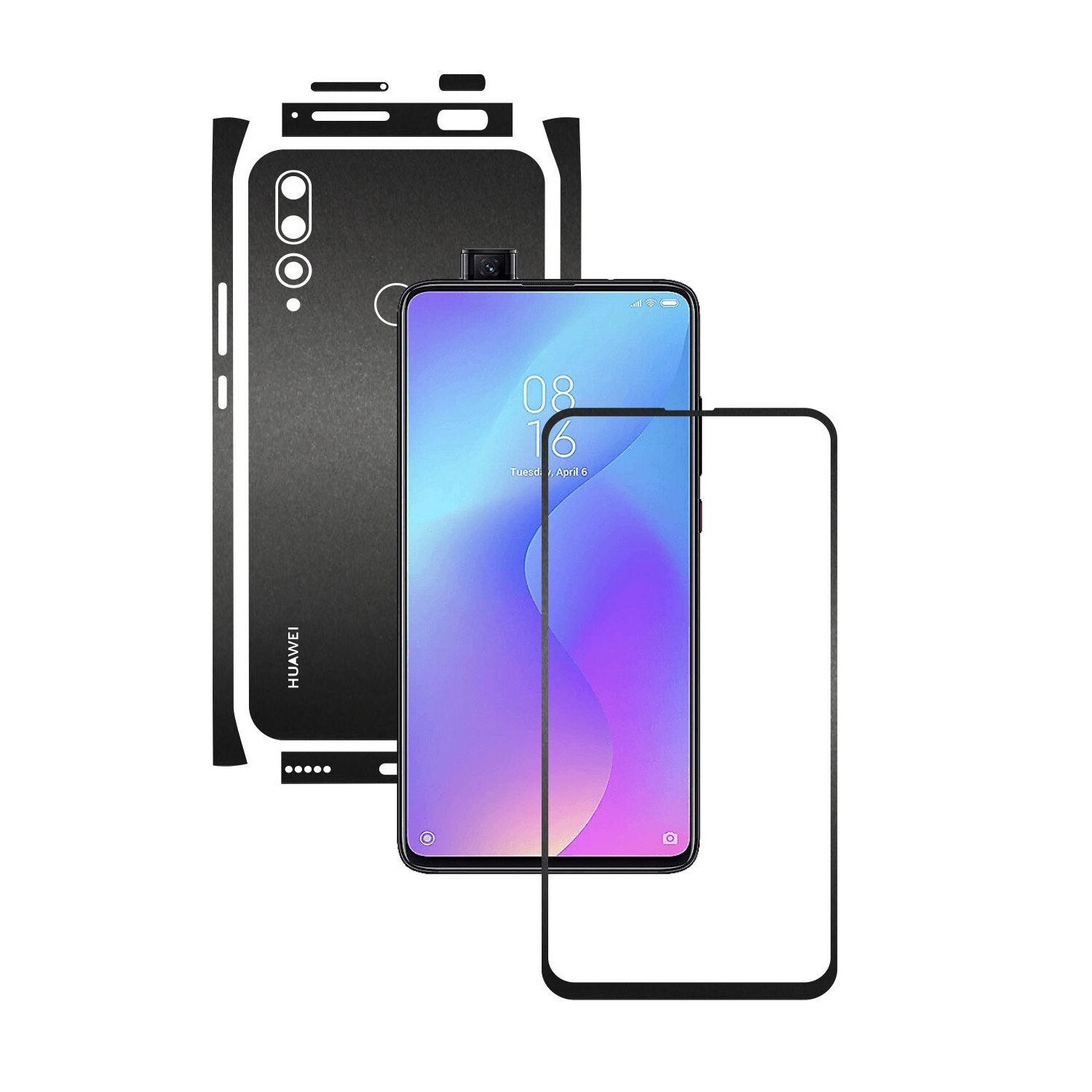 Folie Protectie Carbon Skinz pentru Huawei Y9 Prime - Negru Mat Split Cut, Skin Adeziv Full Body Cover pentru Rama Ecran, Carcasa Spate si Laterale