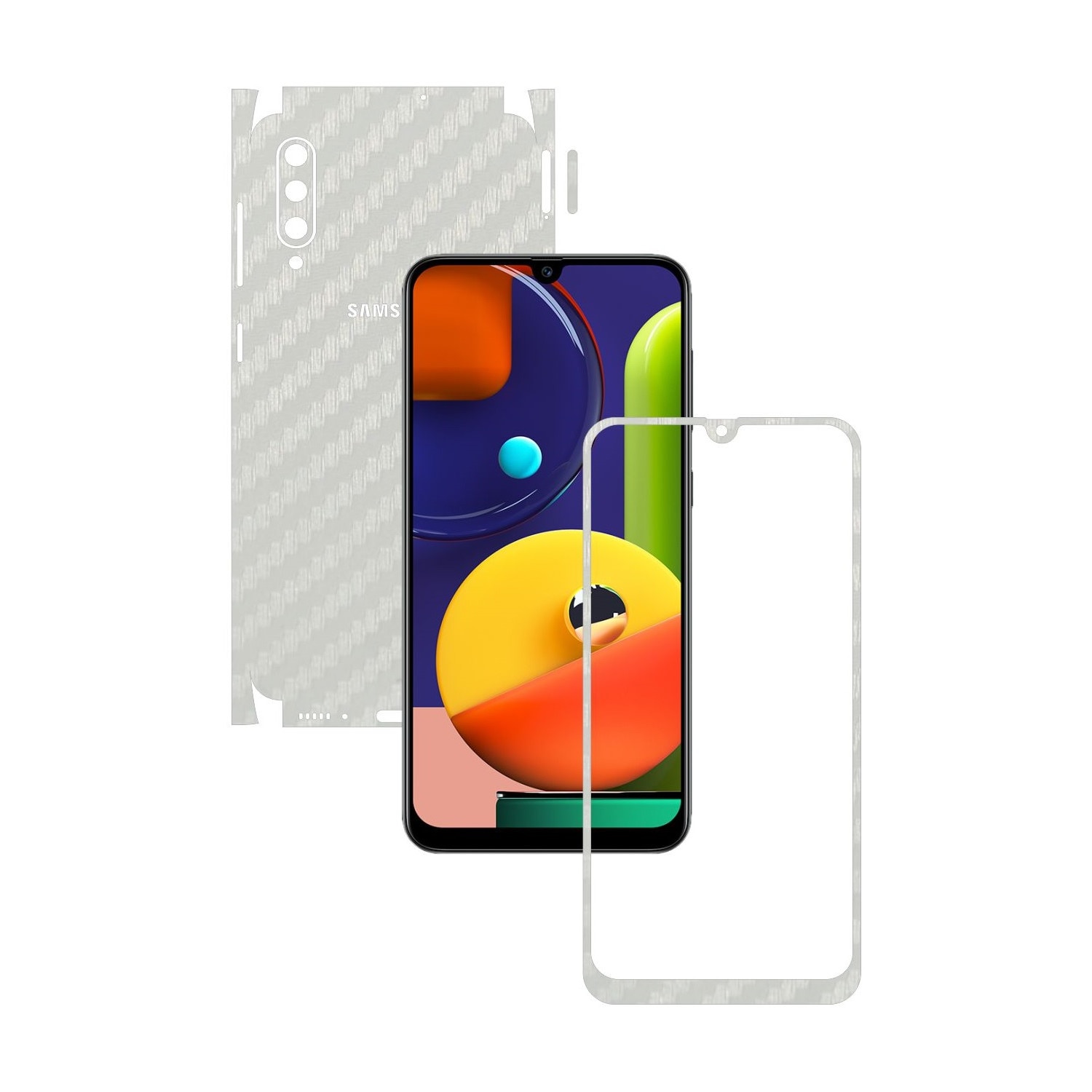 Folie Protectie Carbon Skinz pentru Samsung Galaxy A50s - Carbon Alb 360 Cut, Skin Adeziv Full Body Cover pentru Rama Ecran, Carcasa Spate si Laterale