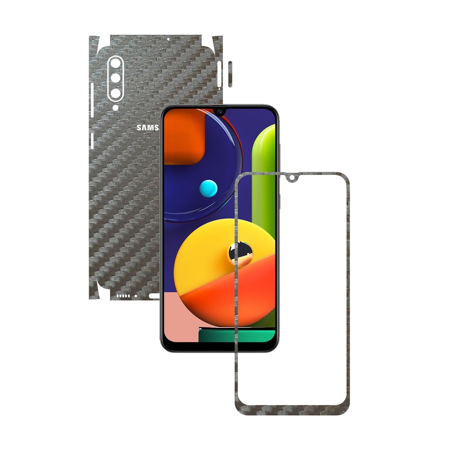 Folie Protectie Carbon Skinz pentru Samsung Galaxy A50s - Carbon Gri Argintiu 360 Cut, Skin Adeziv Full Body Cover pentru Rama Ecran, Carcasa Spate si Laterale