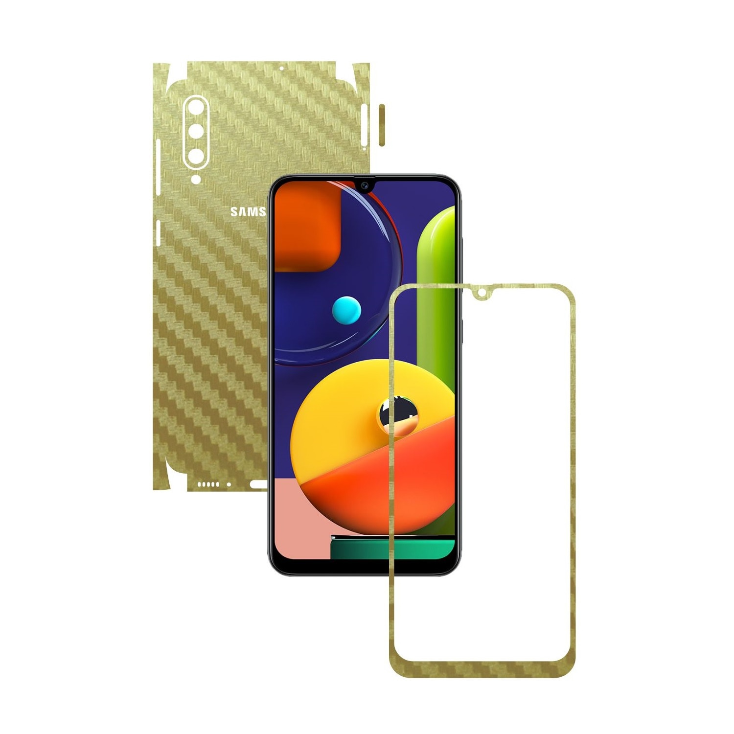 Folie Protectie Carbon Skinz pentru Samsung Galaxy A50s - Carbon Auriu 360 Cut, Skin Adeziv Full Body Cover pentru Rama Ecran, Carcasa Spate si Laterale