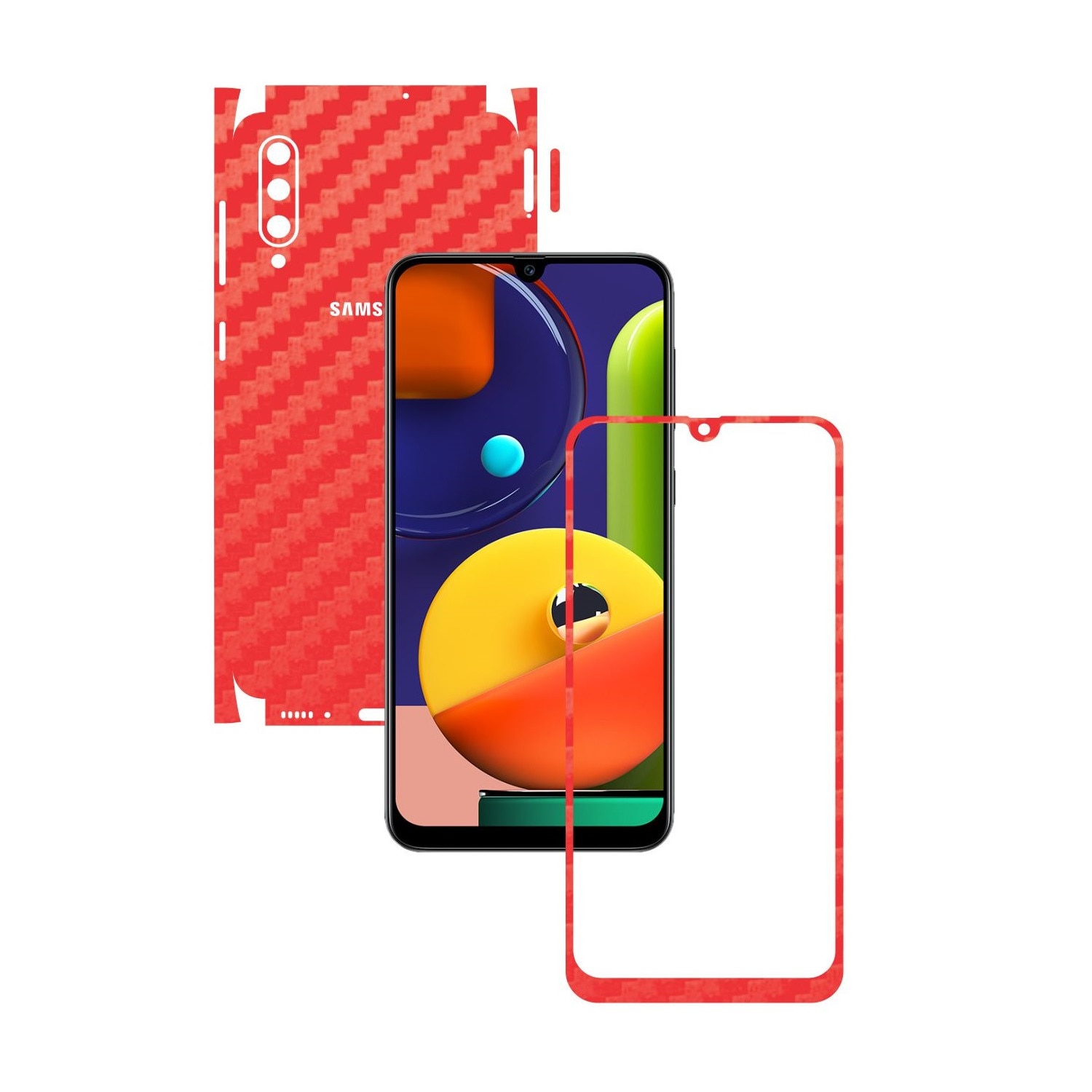 Folie Protectie Carbon Skinz pentru Samsung Galaxy A50s - Carbon Rosu 360 Cut, Skin Adeziv Full Body Cover pentru Rama Ecran, Carcasa Spate si Laterale