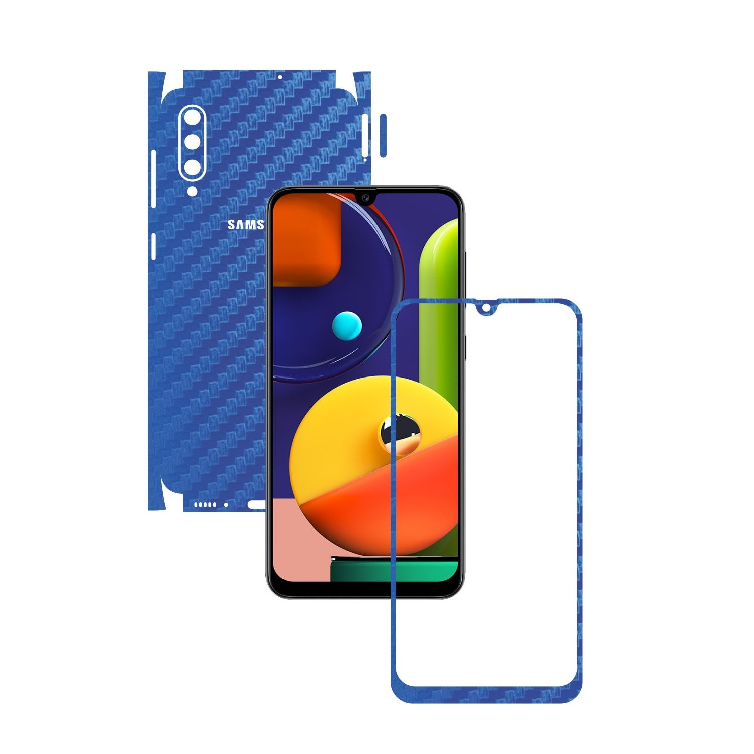 Folie Protectie Carbon Skinz pentru Samsung Galaxy A50s - Carbon Albastru 360 Cut, Skin Adeziv Full Body Cover pentru Rama Ecran, Carcasa Spate si Laterale