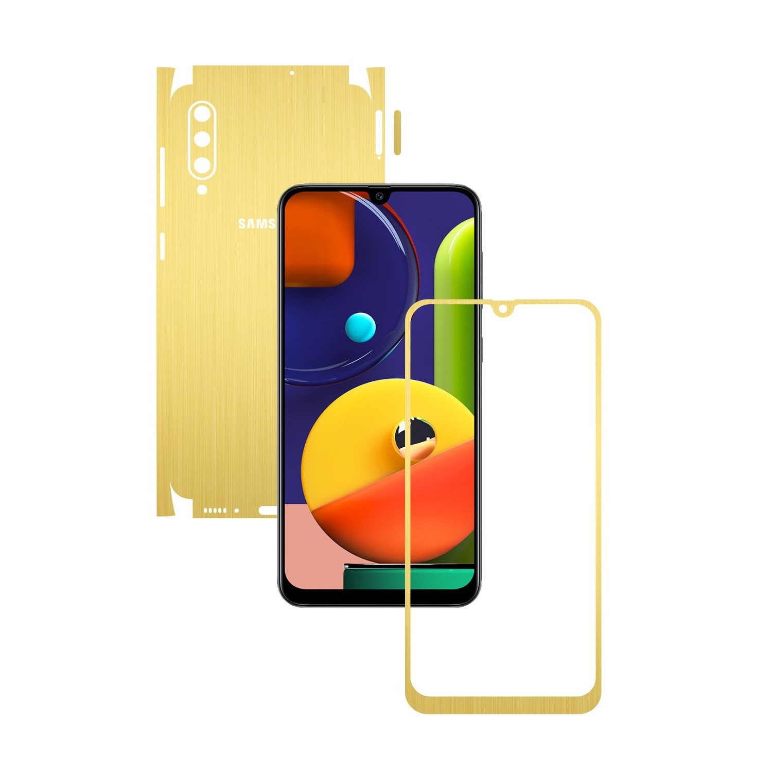 Folie Protectie Carbon Skinz pentru Samsung Galaxy A50s - Brushed Auriu 360 Cut, Skin Adeziv Full Body Cover pentru Rama Ecran, Carcasa Spate si Laterale