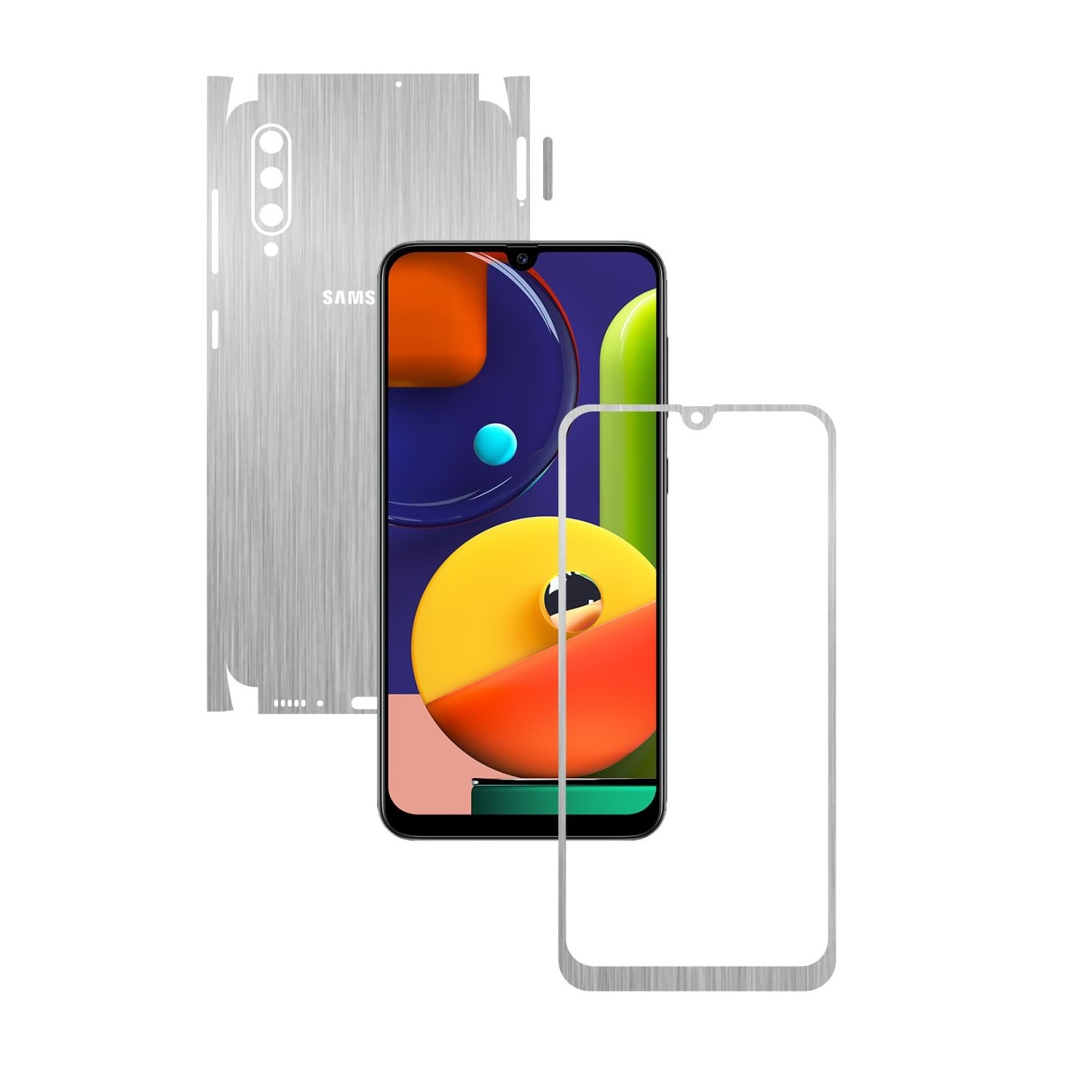 Folie Protectie Carbon Skinz pentru Samsung Galaxy A50s - Brushed Argintiu 360 Cut, Skin Adeziv Full Body Cover pentru Rama Ecran, Carcasa Spate si Laterale
