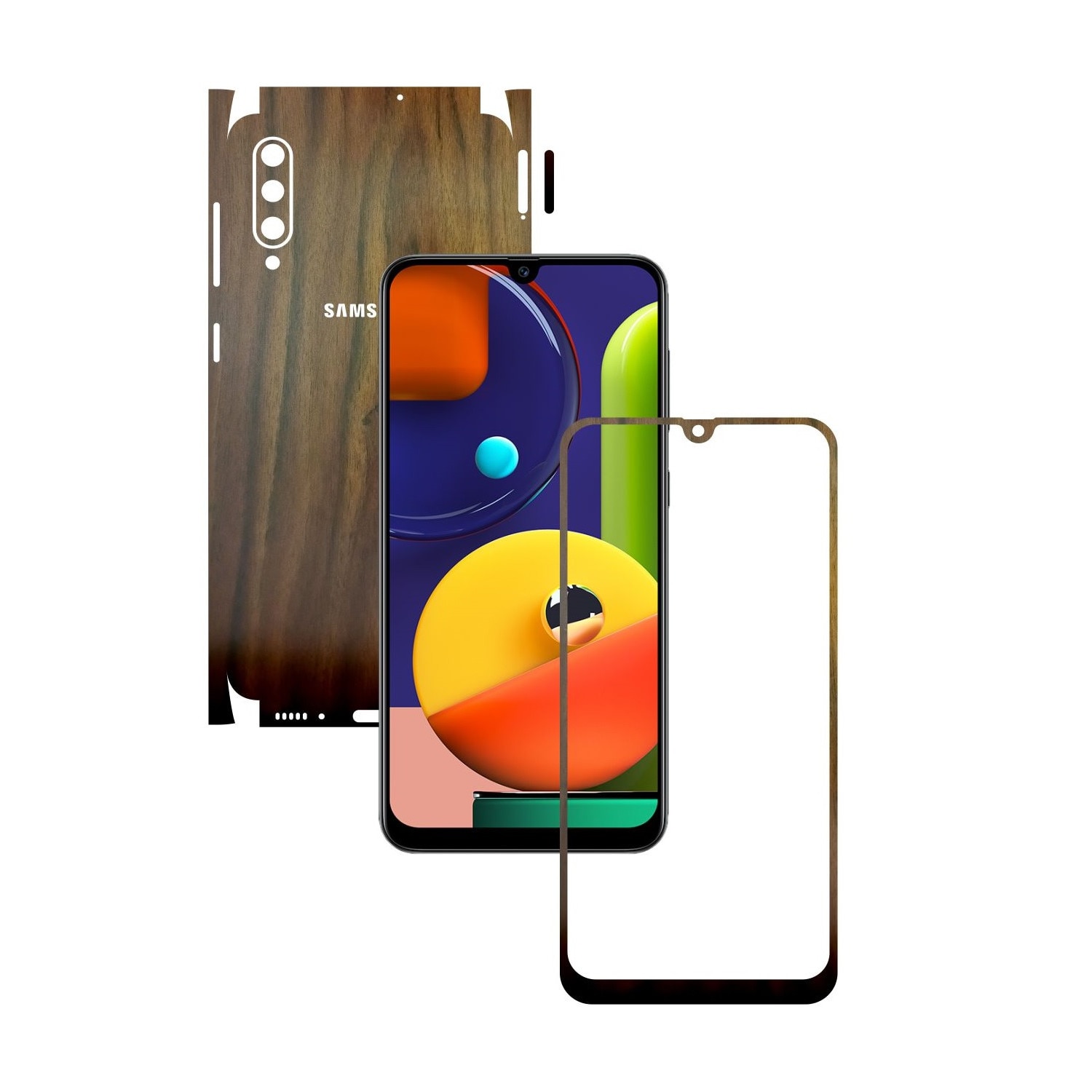 Folie Protectie Carbon Skinz pentru Samsung Galaxy A50s - Lemn Nuc 360 Cut, Skin Adeziv Full Body Cover pentru Rama Ecran, Carcasa Spate si Laterale