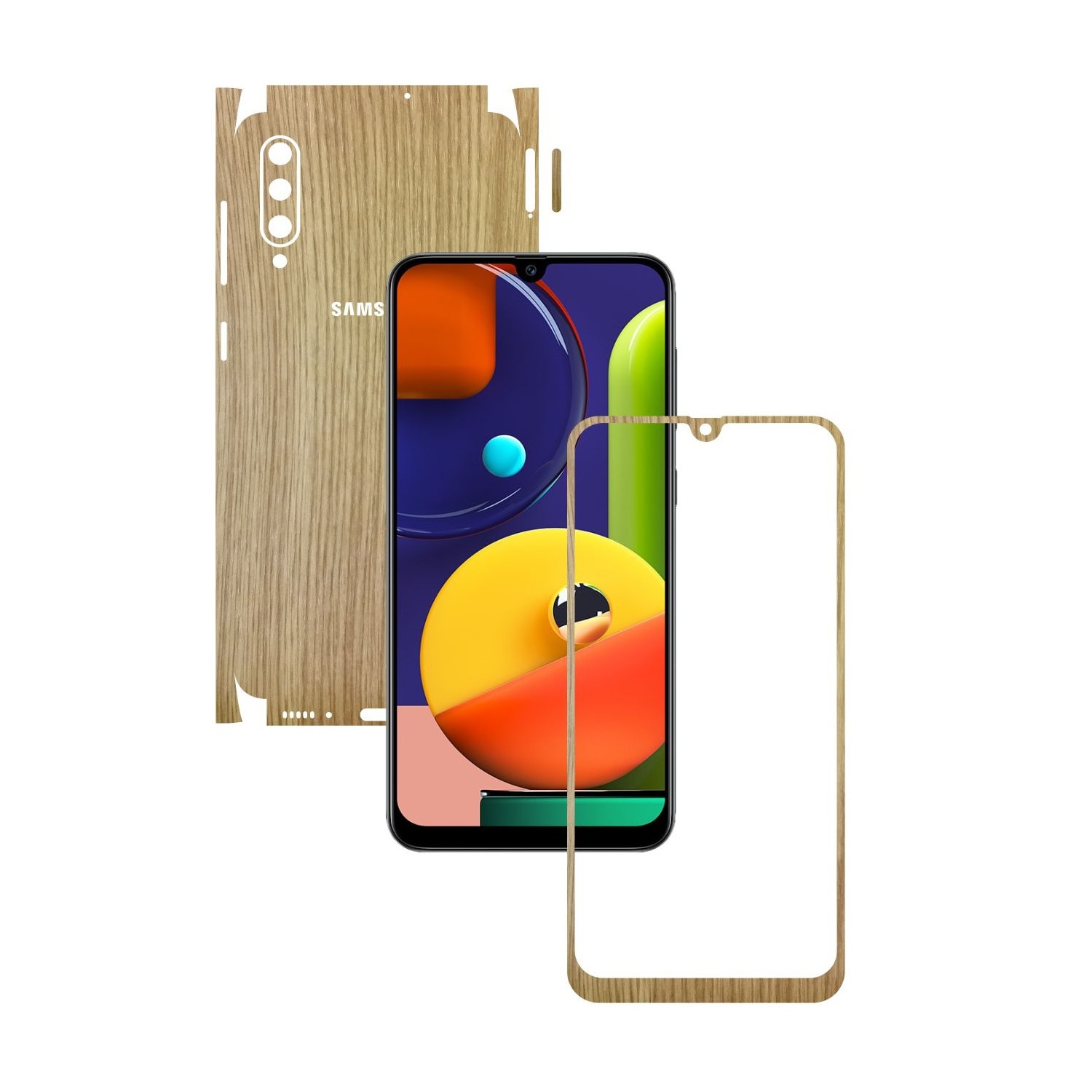 Folie Protectie Carbon Skinz pentru Samsung Galaxy A50s - Lemn Stejar 360 Cut, Skin Adeziv Full Body Cover pentru Rama Ecran, Carcasa Spate si Laterale