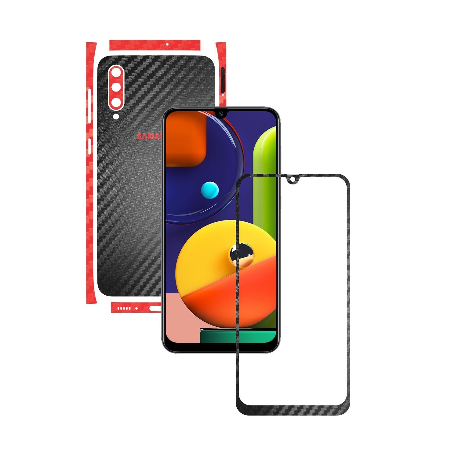 Folie Protectie Carbon Skinz pentru Samsung Galaxy A50s - Carbon Two Tone Negru / Rosu, Skin Adeziv Full Body Cover pentru Rama Ecran, Carcasa Spate si Laterale