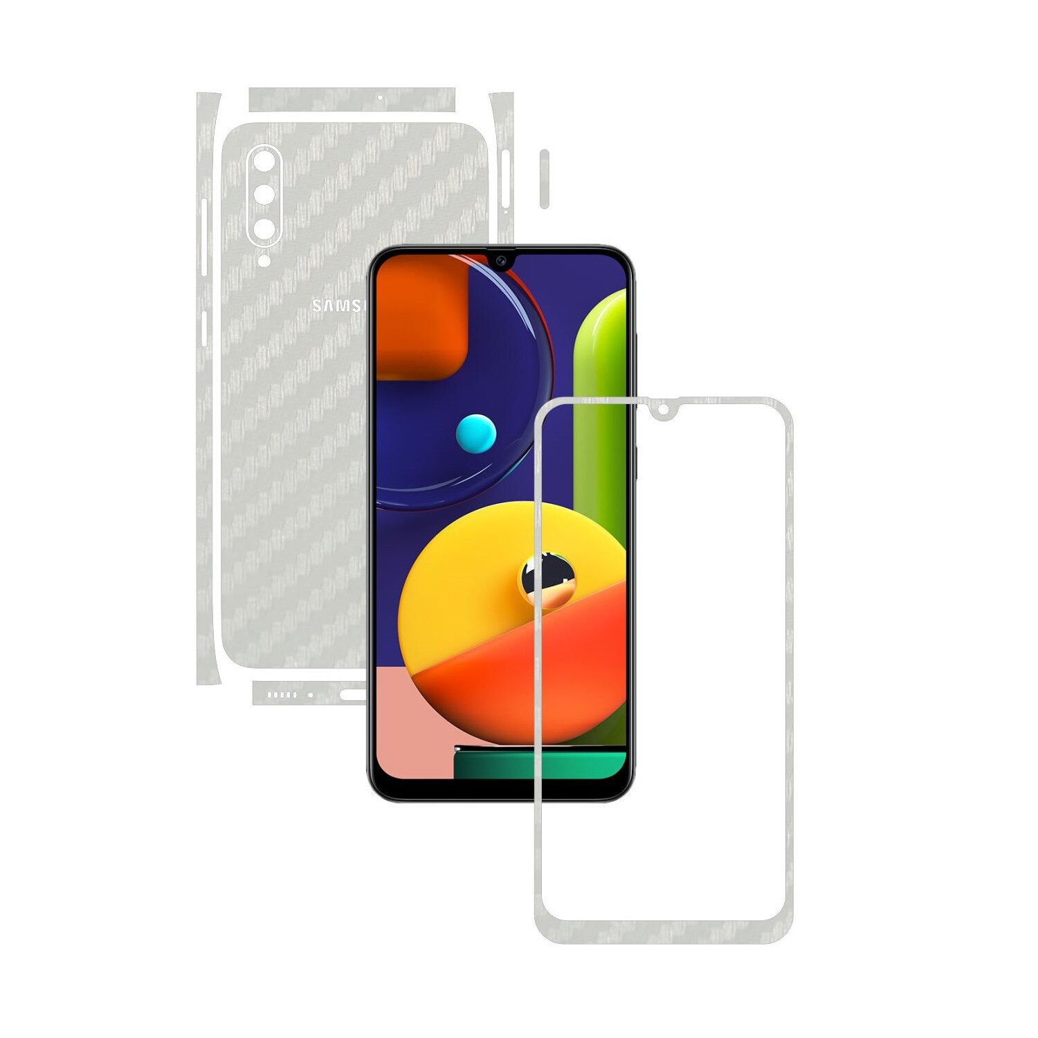 Folie Protectie Carbon Skinz pentru Samsung Galaxy A50s - Carbon Alb Split Cut, Skin Adeziv Full Body Cover pentru Rama Ecran, Carcasa Spate si Laterale