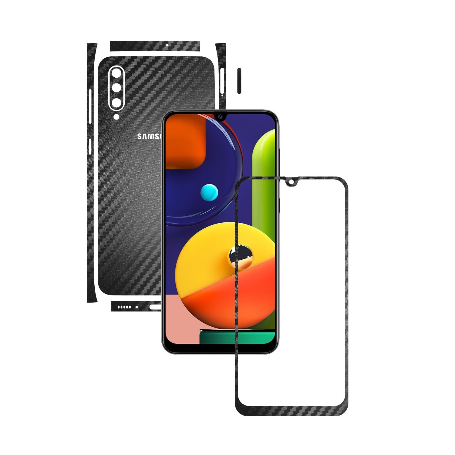 Folie Protectie Carbon Skinz pentru Samsung Galaxy A50s - Carbon Negru Split Cut, Skin Adeziv Full Body Cover pentru Rama Ecran, Carcasa Spate si Laterale