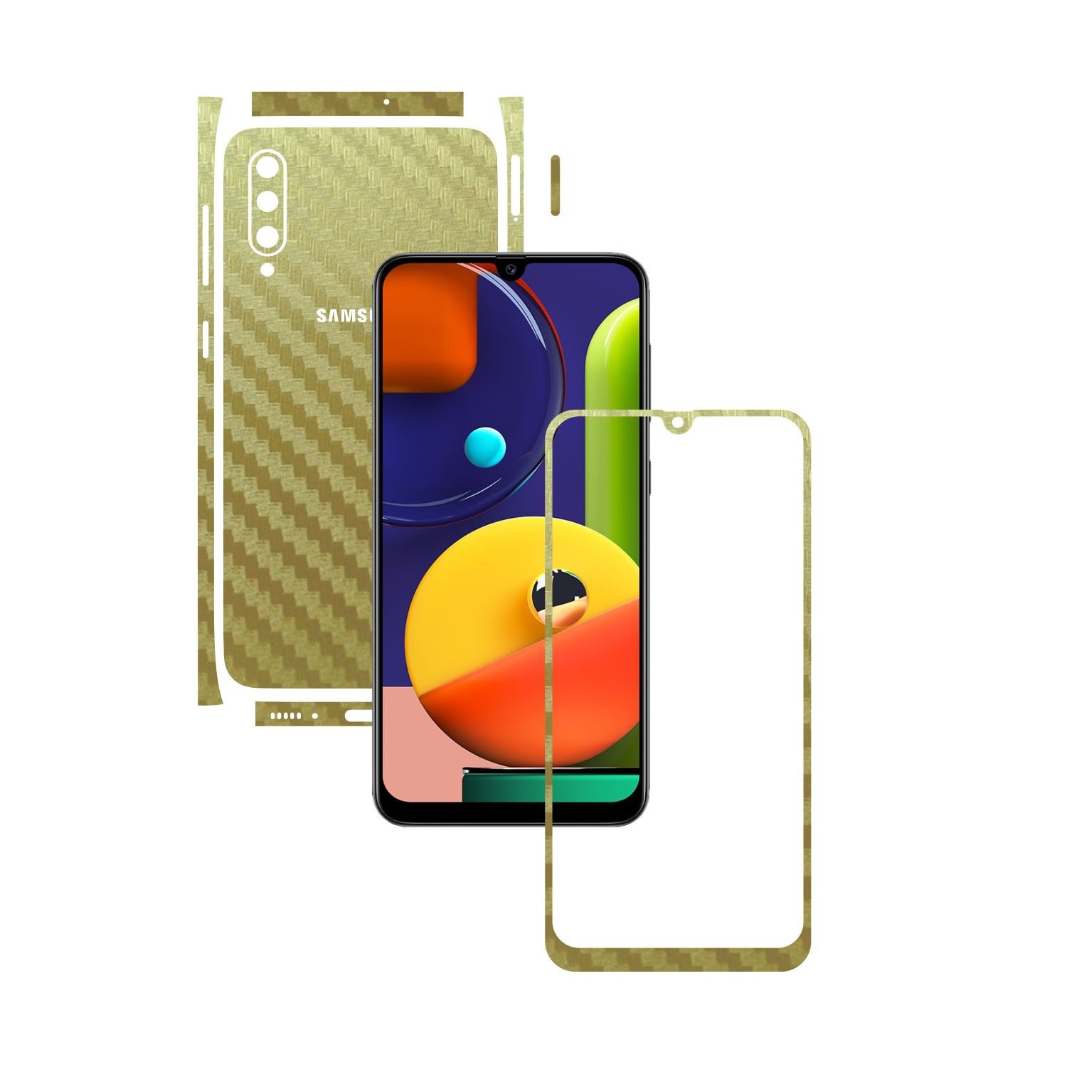 Folie Protectie Carbon Skinz pentru Samsung Galaxy A50s - Carbon Auriu Split Cut, Skin Adeziv Full Body Cover pentru Rama Ecran, Carcasa Spate si Laterale