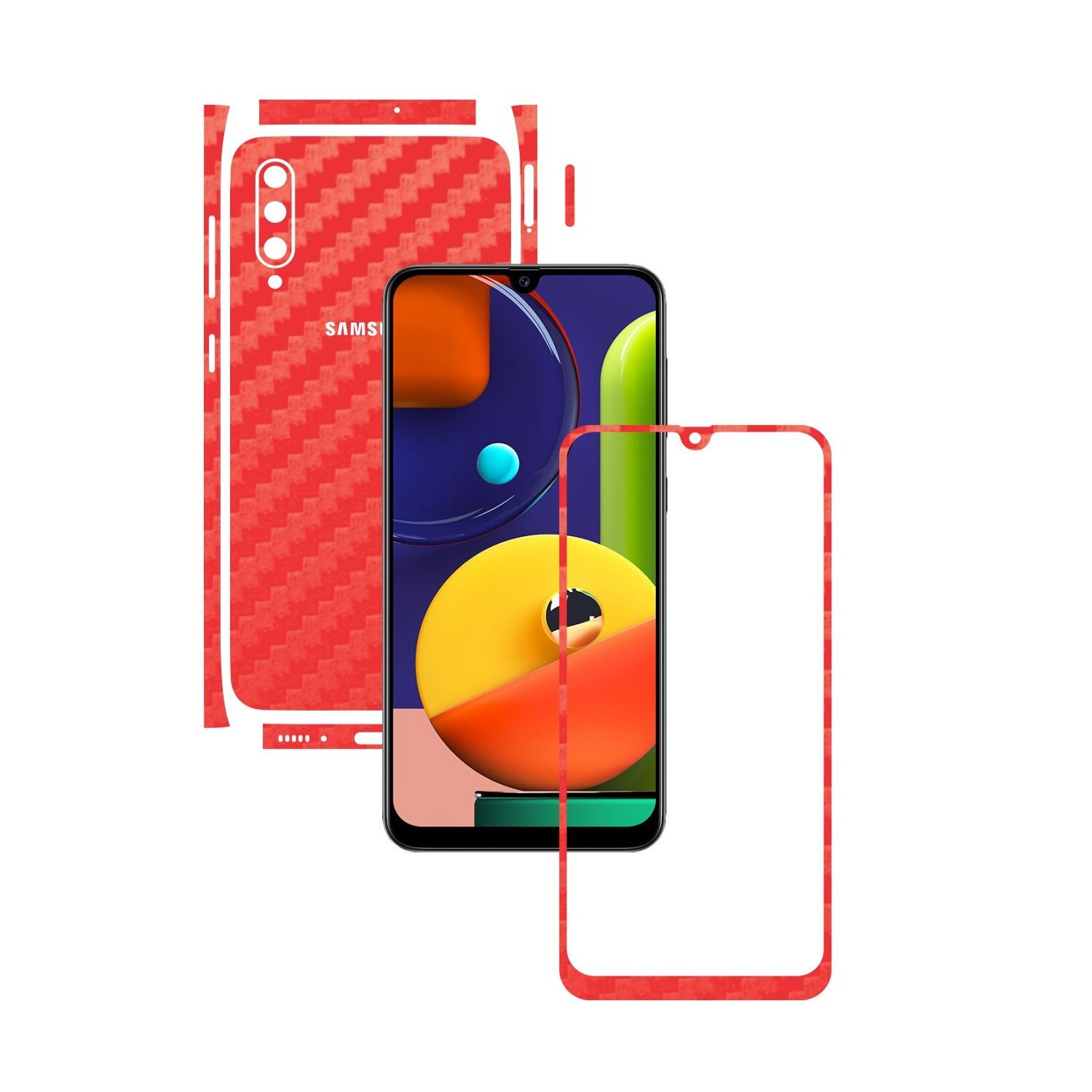 Folie Protectie Carbon Skinz pentru Samsung Galaxy A50s - Carbon Rosu Split Cut, Skin Adeziv Full Body Cover pentru Rama Ecran, Carcasa Spate si Laterale
