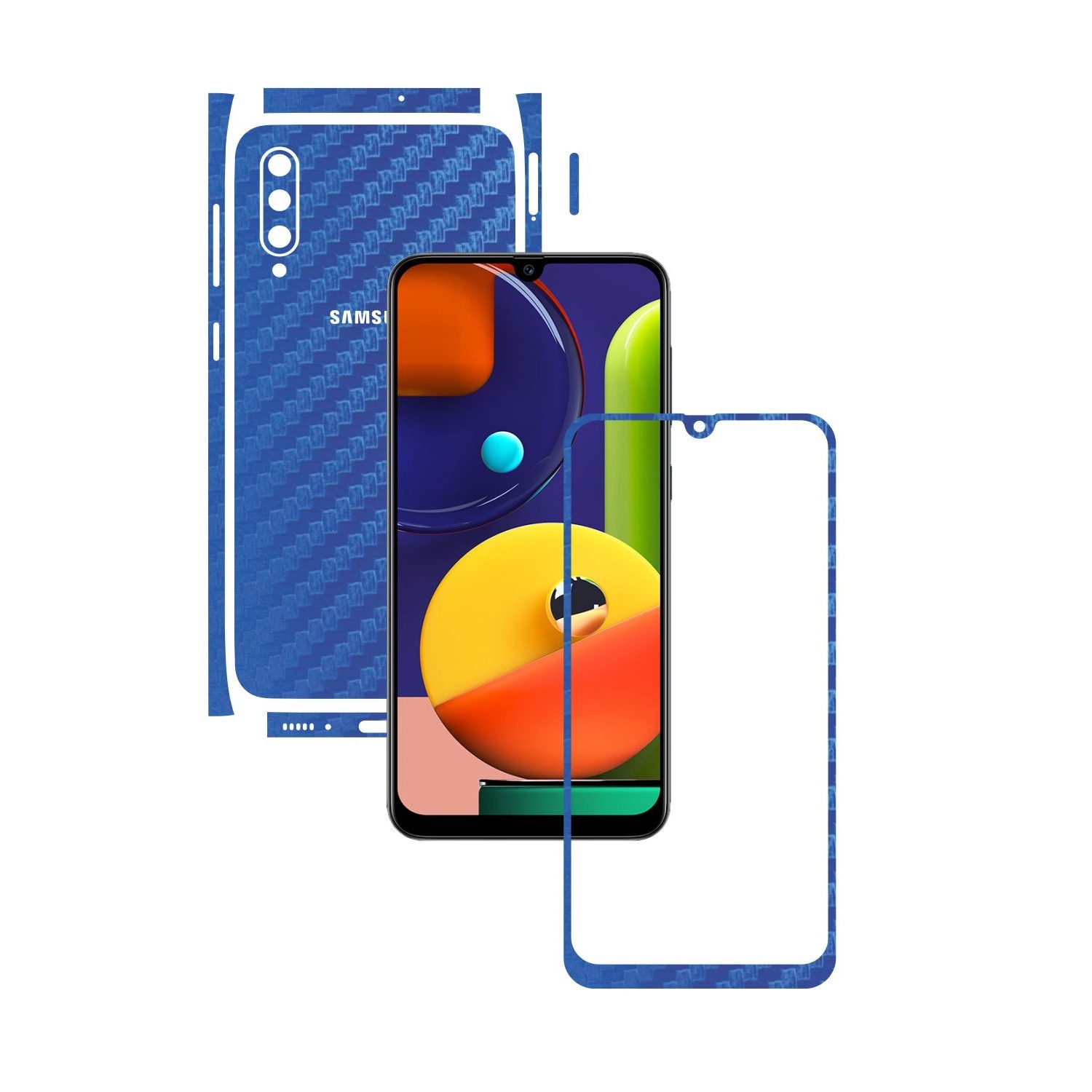 Folie Protectie Carbon Skinz pentru Samsung Galaxy A50s - Carbon Albastru Split Cut, Skin Adeziv Full Body Cover pentru Rama Ecran, Carcasa Spate si Laterale