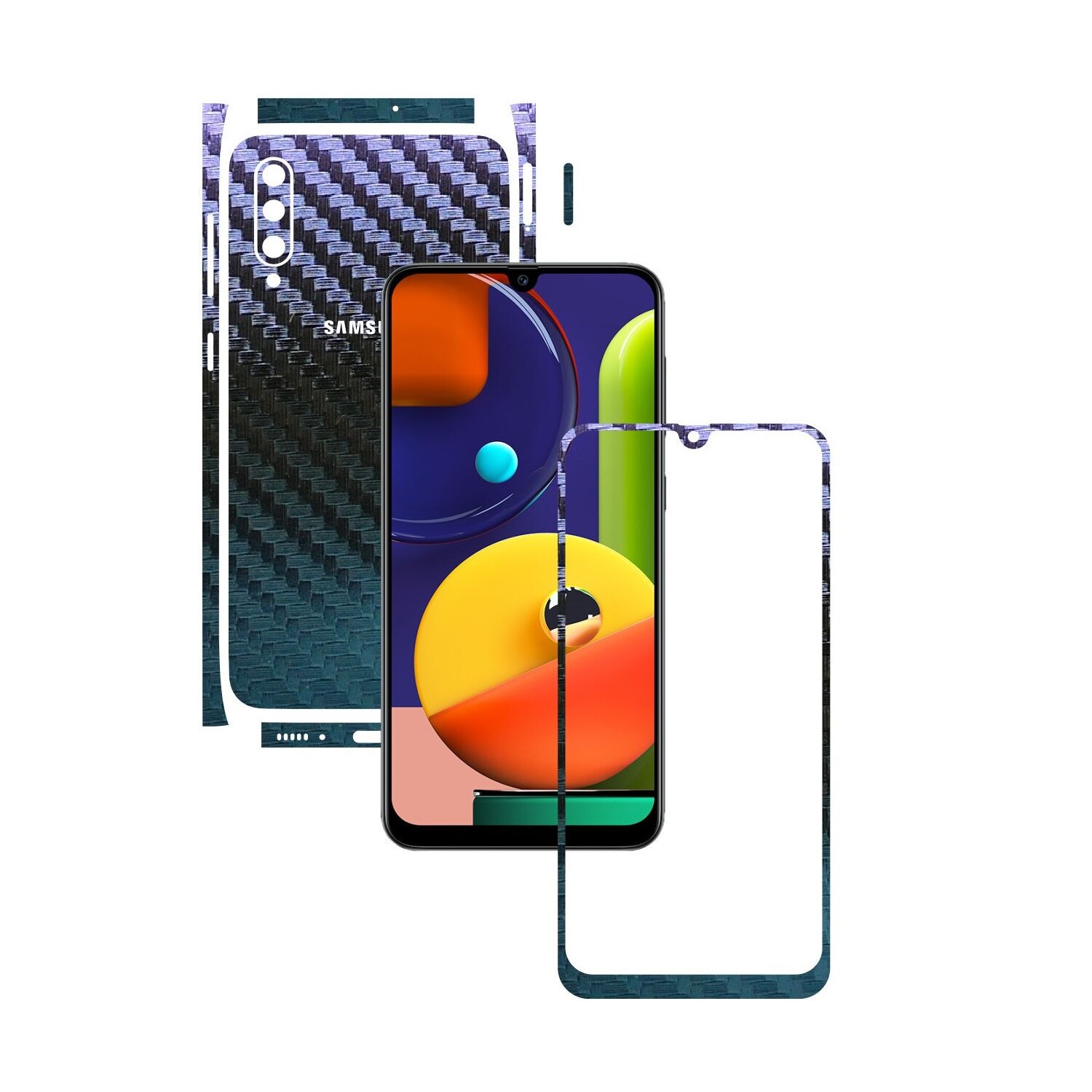Folie Protectie Carbon Skinz pentru Samsung Galaxy A50s - Carbon Cameleon Split Cut, Skin Adeziv Full Body Cover pentru Rama Ecran, Carcasa Spate si Laterale