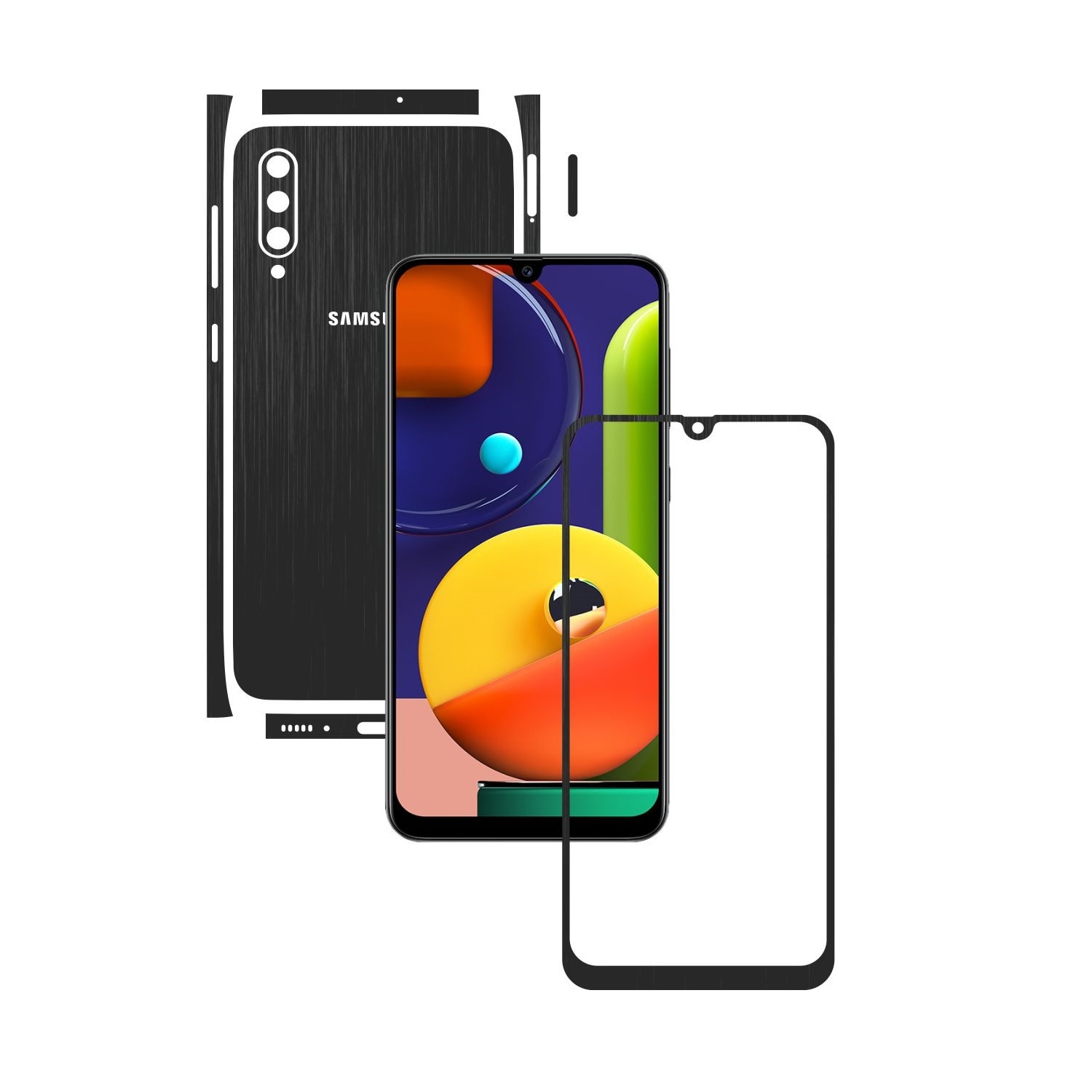 Folie Protectie Carbon Skinz pentru Samsung Galaxy A50s - Brushed Negru Split Cut, Skin Adeziv Full Body Cover pentru Rama Ecran, Carcasa Spate si Laterale