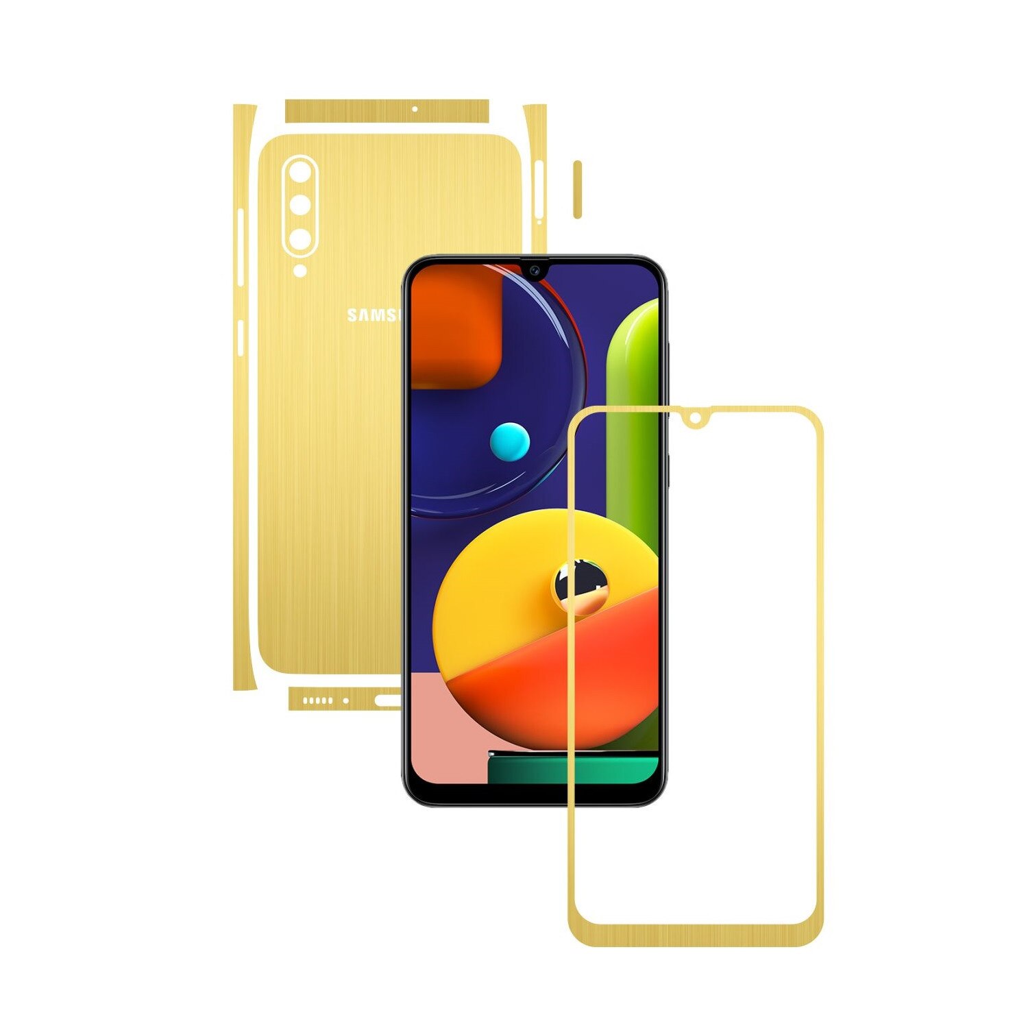 Folie Protectie Carbon Skinz pentru Samsung Galaxy A50s - Brushed Auriu Split Cut, Skin Adeziv Full Body Cover pentru Rama Ecran, Carcasa Spate si Laterale