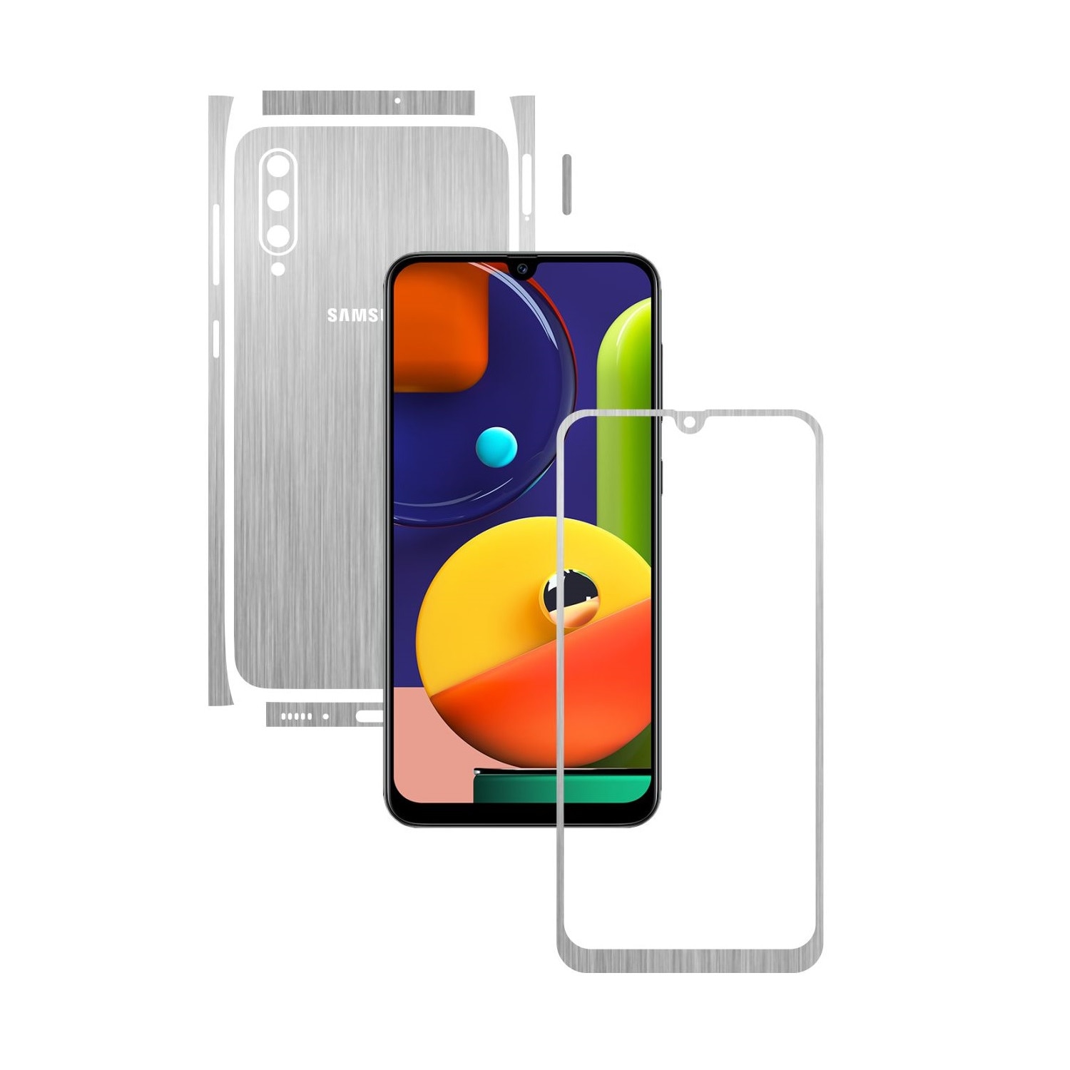 Folie Protectie Carbon Skinz pentru Samsung Galaxy A50s - Brushed Argintiu Split Cut, Skin Adeziv Full Body Cover pentru Rama Ecran, Carcasa Spate si Laterale