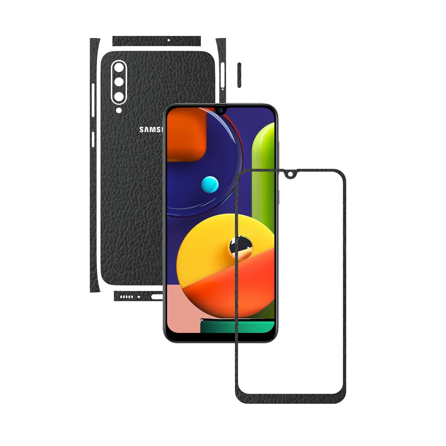 Folie Protectie Carbon Skinz pentru Samsung Galaxy A50s - Piele Neagra Split Cut, Skin Adeziv Full Body Cover pentru Rama Ecran, Carcasa Spate si Laterale