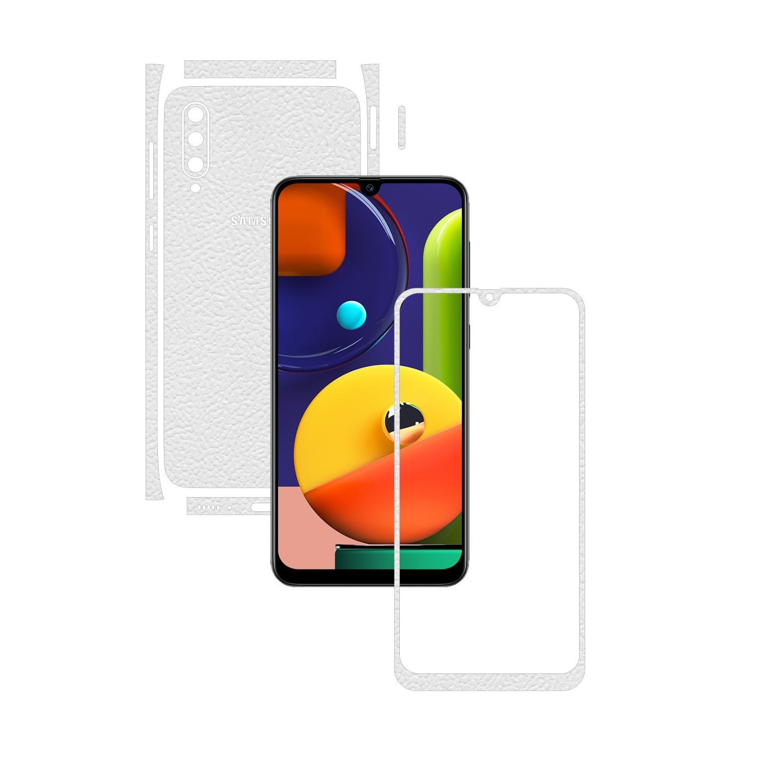 Folie Protectie Carbon Skinz pentru Samsung Galaxy A50s - Piele Alba Split Cut, Skin Adeziv Full Body Cover pentru Rama Ecran, Carcasa Spate si Laterale