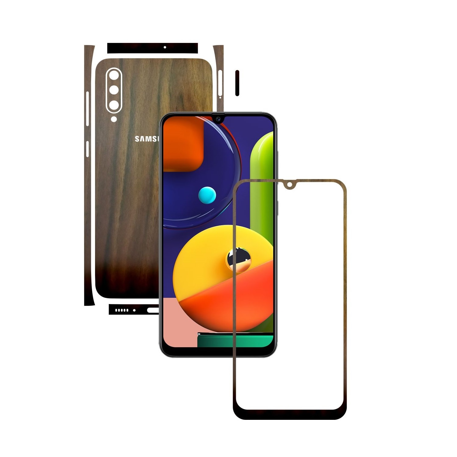 Folie Protectie Carbon Skinz pentru Samsung Galaxy A50s - Lemn Nuc Split Cut, Skin Adeziv Full Body Cover pentru Rama Ecran, Carcasa Spate si Laterale