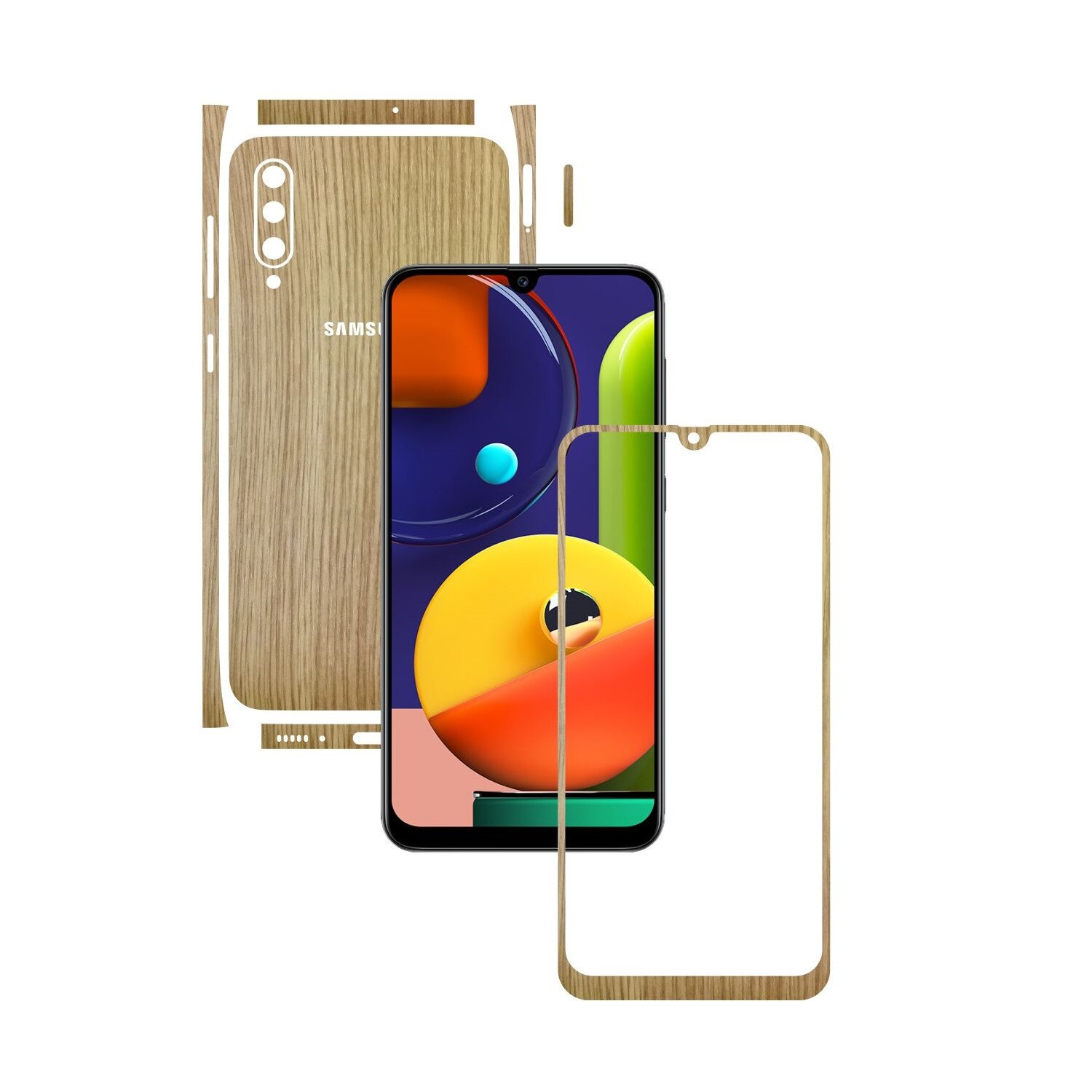 Folie Protectie Carbon Skinz pentru Samsung Galaxy A50s - Lemn Stejar Split Cut, Skin Adeziv Full Body Cover pentru Rama Ecran, Carcasa Spate si Laterale