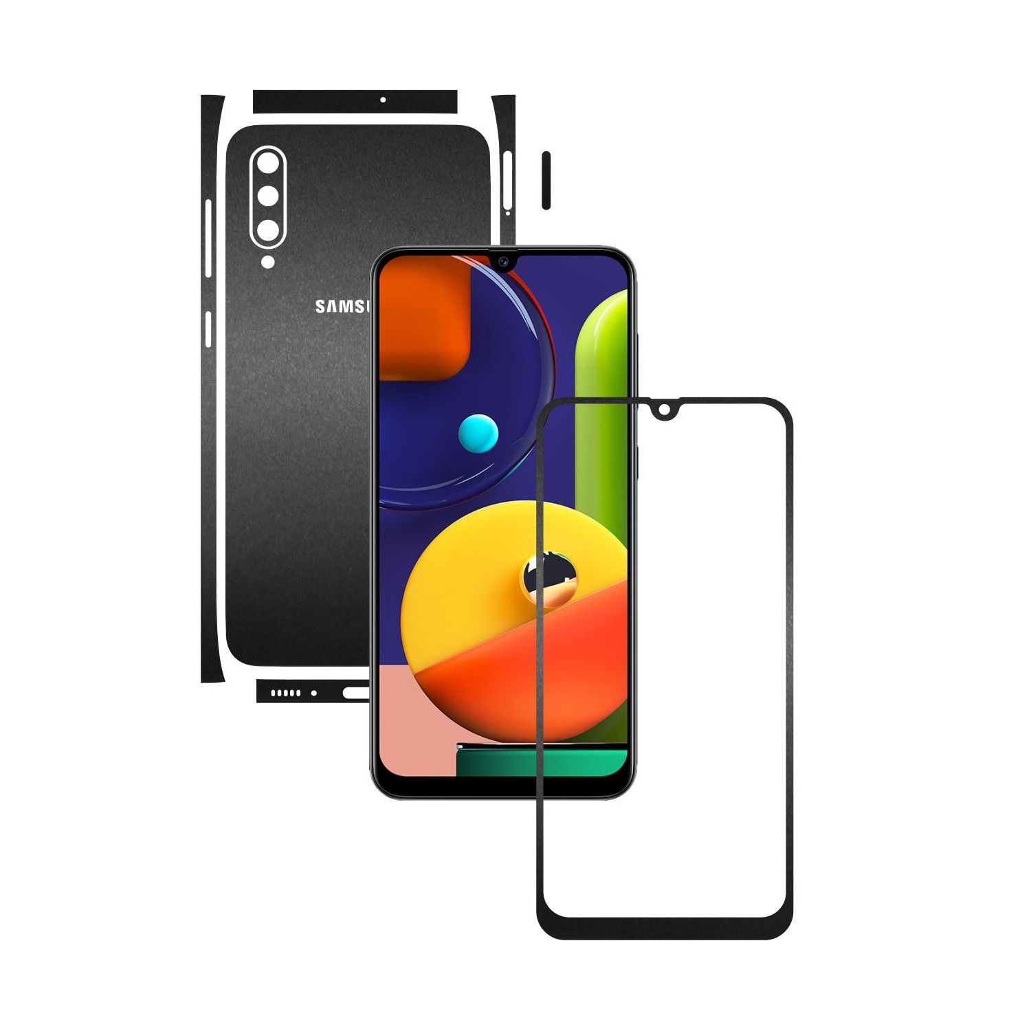 Folie Protectie Carbon Skinz pentru Samsung Galaxy A50s - Negru Mat Split Cut, Skin Adeziv Full Body Cover pentru Rama Ecran, Carcasa Spate si Laterale